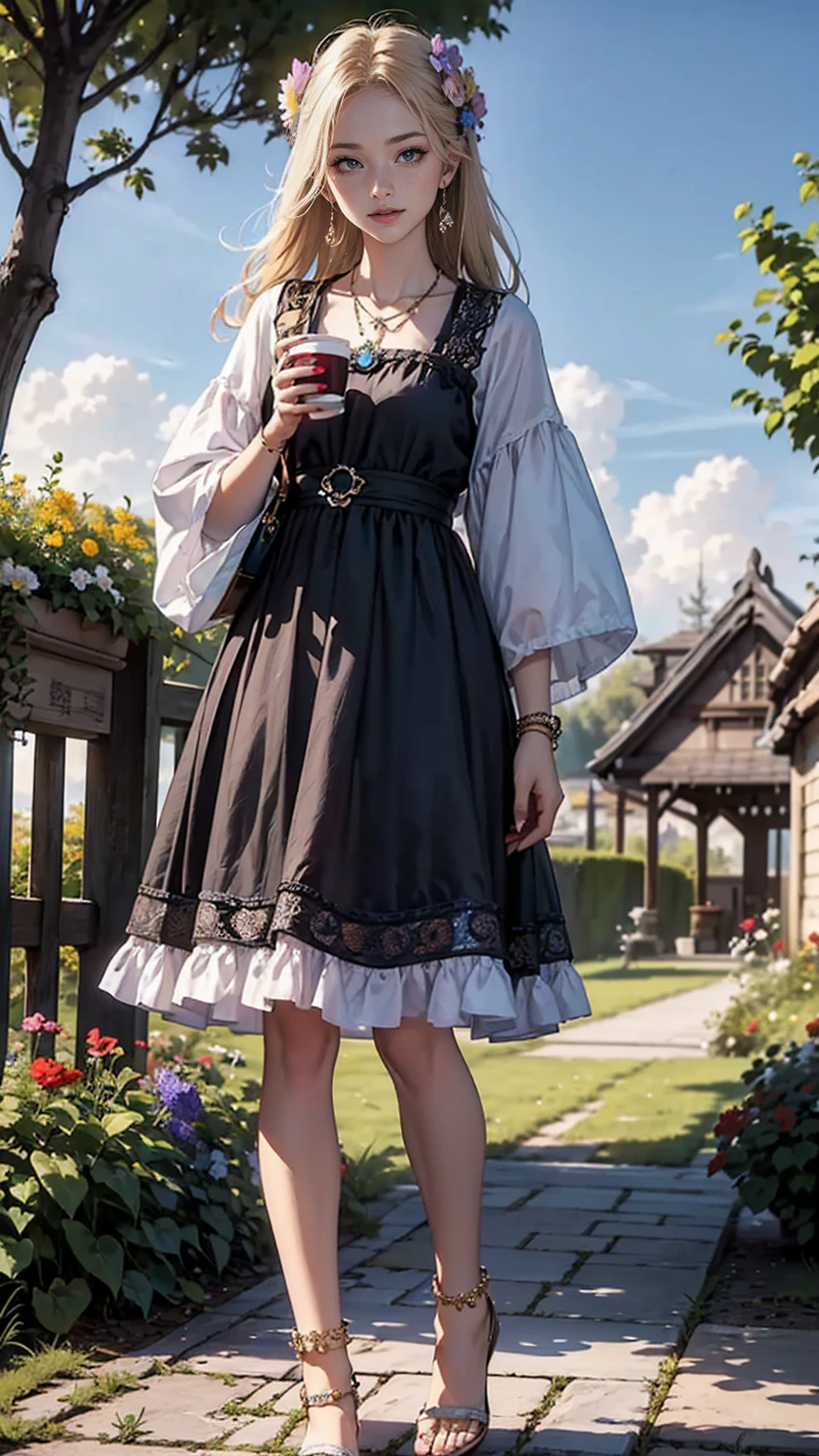 ((最high quality, 8K, masterpiece: 1.3, Ultra HD, high quality, 最high quality, High resolution, realism)) 、25 year old white woman、platinum blonde、blue eyes、long hair、smile、slender、slenderだがアスリートのような細マッチョな身体、I don't want my head to disappear from the screen.、手首にアクセサリーapply、Wearing red nail polish、I have a peticure、anklet((anklet))apply、wear a dress、put on a necklace、I'm in an English garden with colorful flowers blooming.、There is an arch made of flowers、Enjoy tea time in the garden、Beautiful blue sky without a single cloud、花の髪飾りをapply