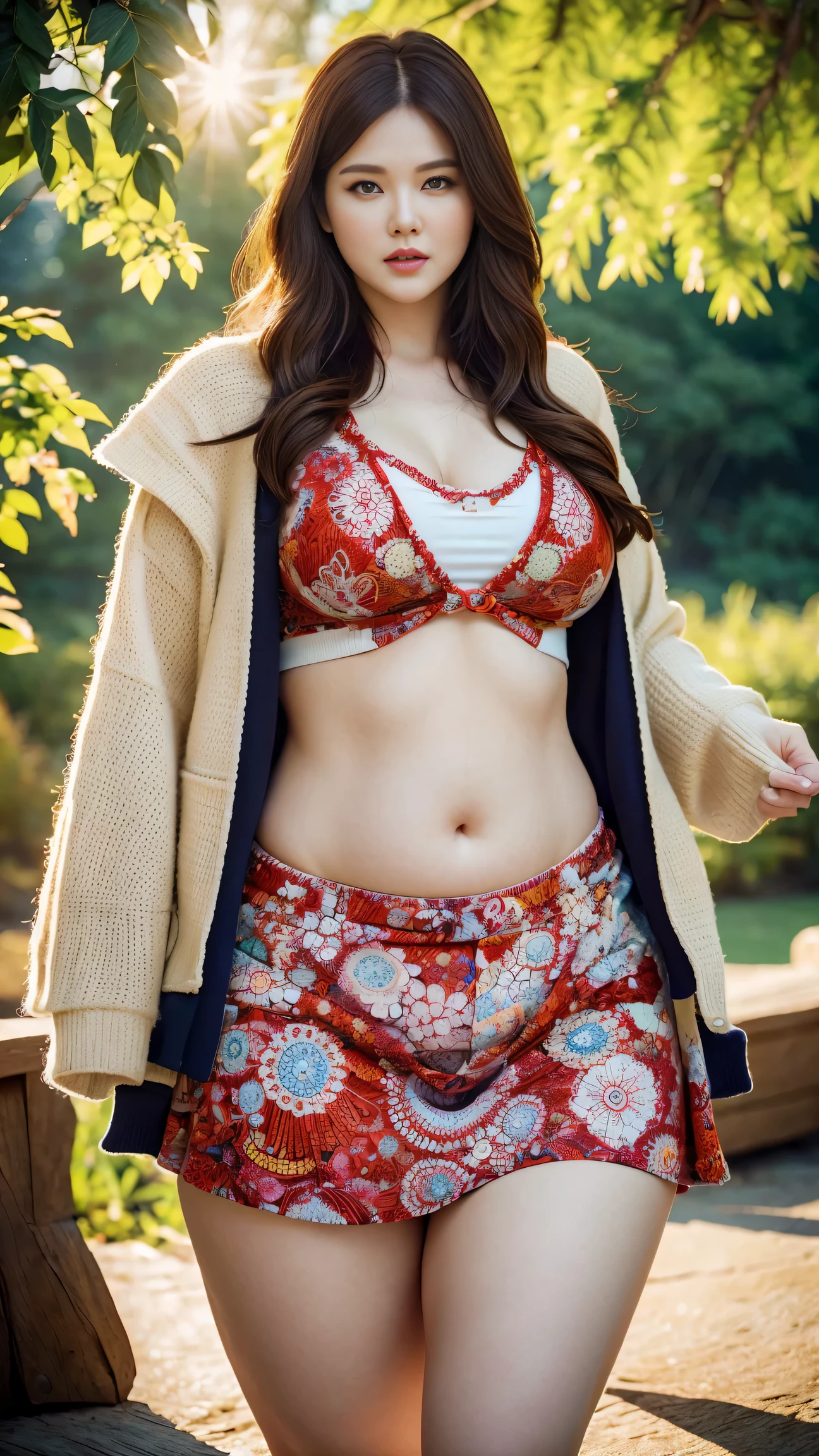 1girll, Solo,Red cowboy shooting, (Jacket set), From the top, (zentangle, mandalas, Tangled, Winding), (Lingxiaohua: 1.2) offcial art, Unified 8k wallpaper, super detailing, Aesthetics, Masterpiece, Best quality, Realistic.Korean goddess fat plus size model,(Kpop idol)(((Angela white sexy girl))),,Fat、(plus-sized)woman model,(),(A bulging belly),,((())),(Large size elegance),,Weigh more than 100 pounds,(Fresh sunshine),Vivid colors,Three-dimensional。(((full bodyesbian))),(Meticulous depiction),(Natural and vivid),Highlight the cuteness and charm of big fat girls,It's a reverie。Soft and plump belly ,very sexy outfit,Precise anatomy,The whole picture is like a detailed realistic CG rendering,The highest image quality will make you unforgettable。cardigan and t-shirts with long skirts , chubby cheeks