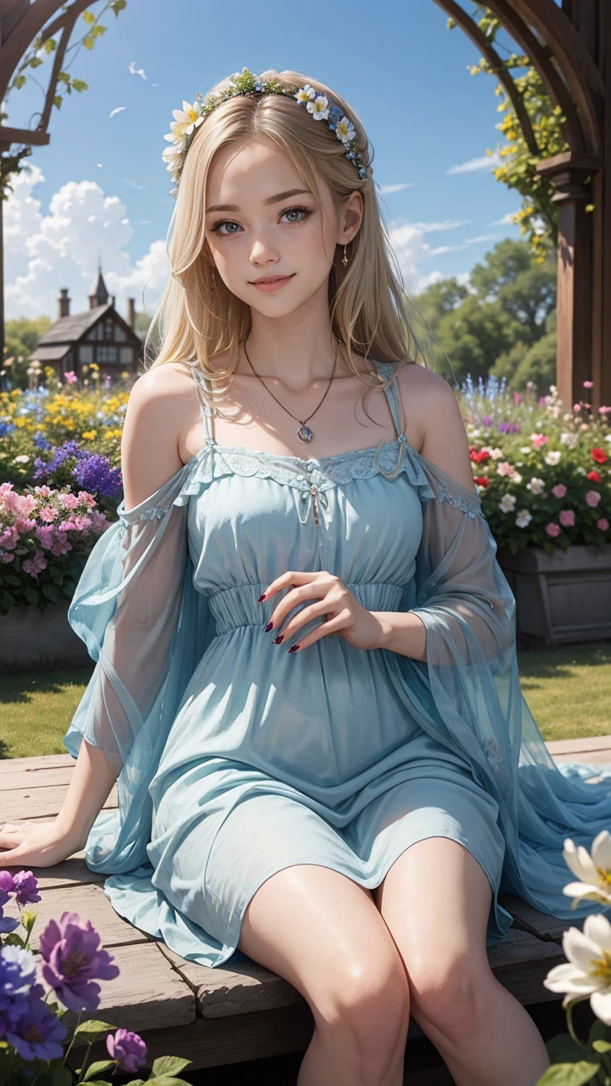 ((最high quality, 8K, masterpiece: 1.3, Ultra HD, high quality, 最high quality, High resolution, realism)) 、25 year old white woman、platinum blonde、blue eyes、long hair、smile、slender、slenderだがアスリートのような細マッチョな身体、I don't want my head to disappear from the screen.、手首にアクセサリーapply、Wearing red nail polish、I have a peticure、anklet((anklet))apply、wear a dress、put on a necklace、I'm in an English garden with colorful flowers blooming.、There is an arch made of flowers、Enjoy tea time in the garden、Beautiful blue sky without a single cloud、花の髪飾りをapply