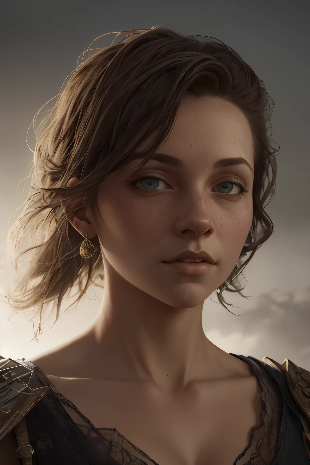 From the front, the ultimate realism female portrait by Albrecht Dürer and Pieter Brueghel, photorealistic, dynamic lighting, fantasy art work, award-winning shading, highly detailed face, floating in the dark, 4K, masterpiece , one girl, highest quality, great lighting, tasteful work, volume lighting