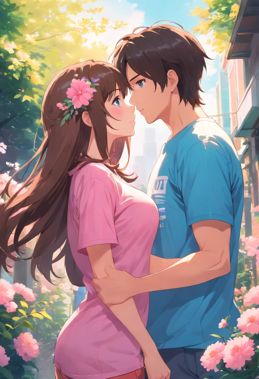 beautiful student with huge breasts, brown long hair, blue eyes, (girl with romantic style clothes) (pink t-shirt with beautiful flowers), looks sexy, (Worth kissing her boyfriend) (full length picture) guy holding a beautiful flower in his hands (guy in sportswear)
