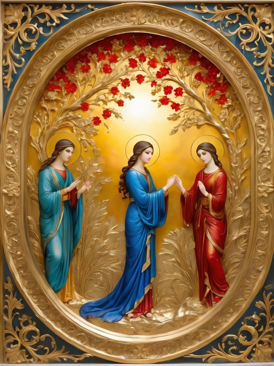 (Gold Leaf Art:1.6), Intricately designed gold leaf art glass windows，Full of red，blue，and golden hues，Gold leaf art brings religious imagery to life，The windows are bathed in soft golden sunlight，Create an ethereal atmosphere around，The presence of figures and the delicate brushwork further enhance the beauty of the composition.