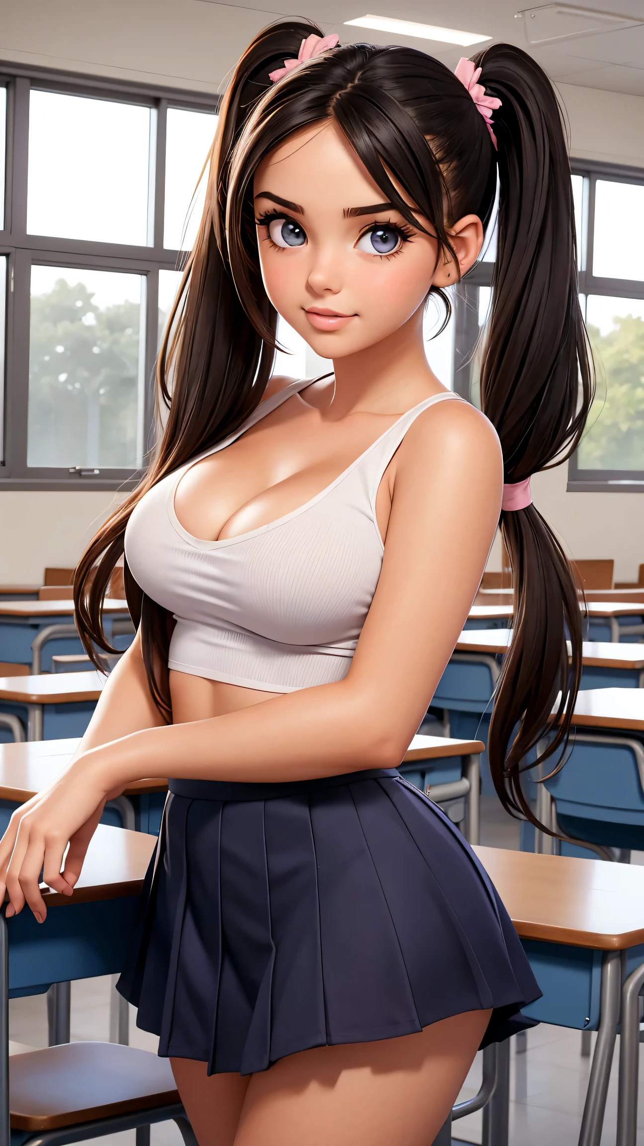 portrait of young sweet girl in classroom, 18 years old abigail ratchford, leaning on desk, medium breasts, cleavage, pigtails, skirt, loose tank top