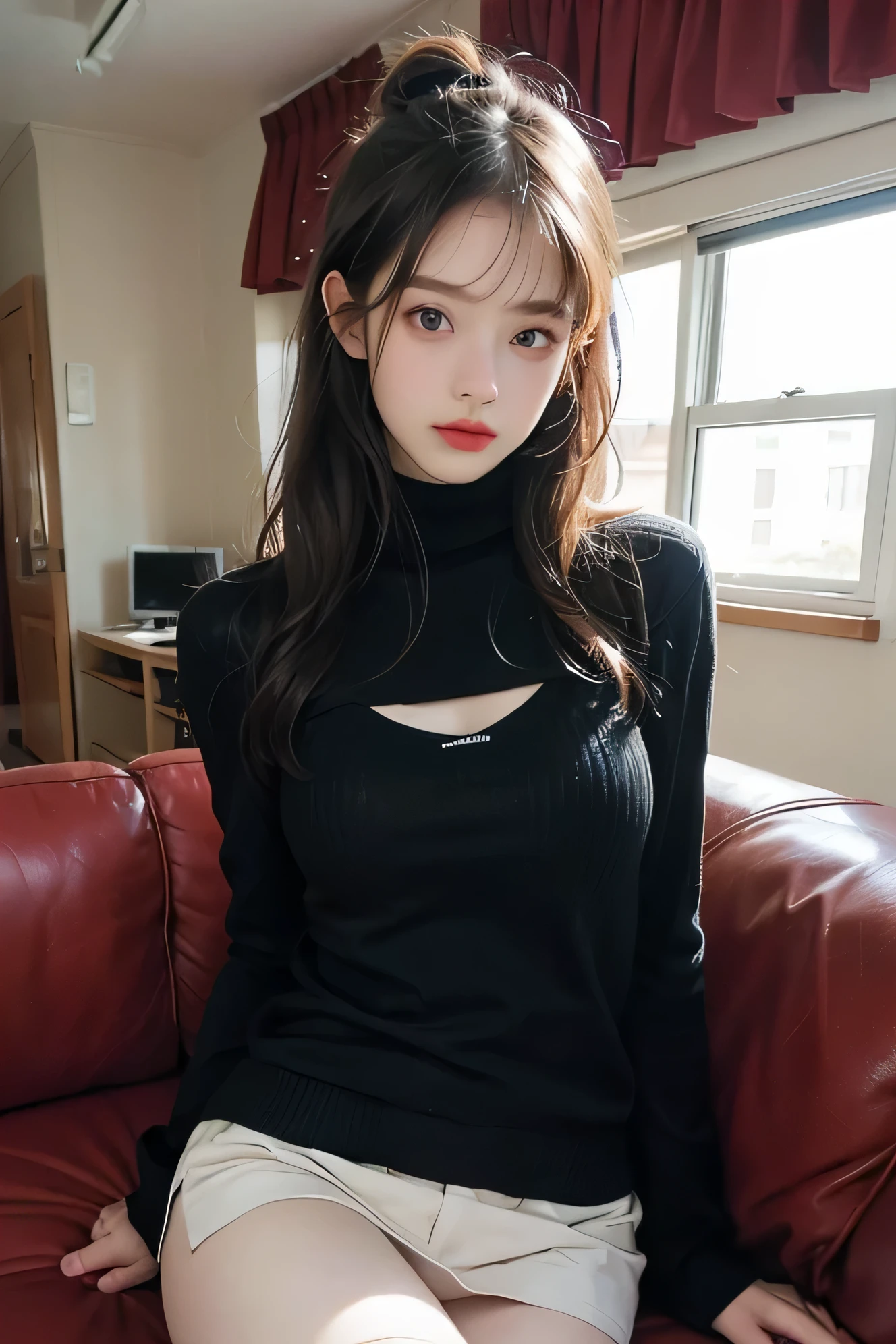 Ulzzang-6500-v1.1,(RAW photos:1.2), (photoreal), (bona fide:1.4), ((pieces fly away)),(very realistic, high resolution, detailed face, good eyes), Realistic female college student wearing Kashkul knitted dress、popular hairstyles、Wearing surreal pantyhose、lying on the office sofa、