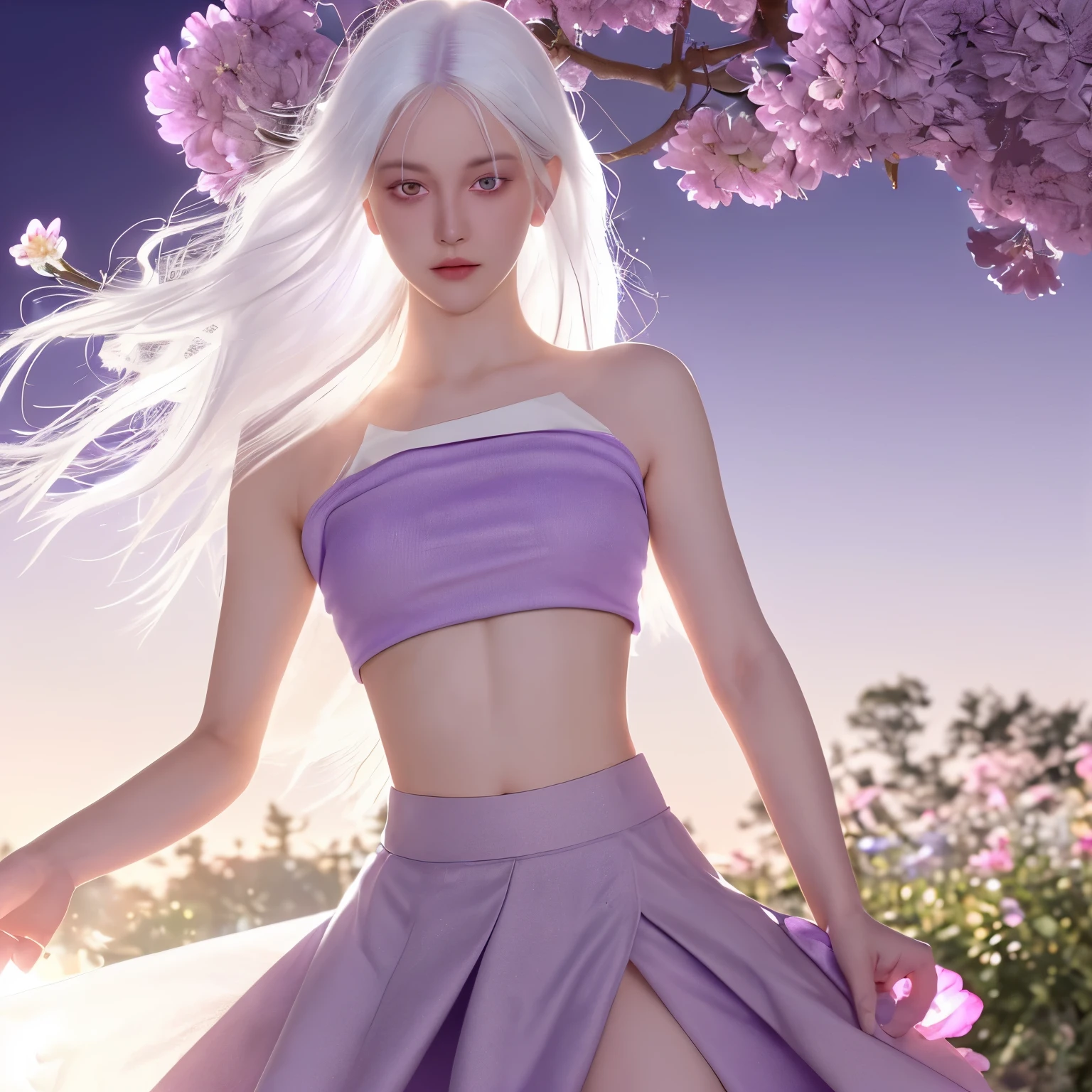 realistic, 1girl, white hair, purple eyes, glowing eyes, crop top, skirt, parted lips, blush, night, flowers,