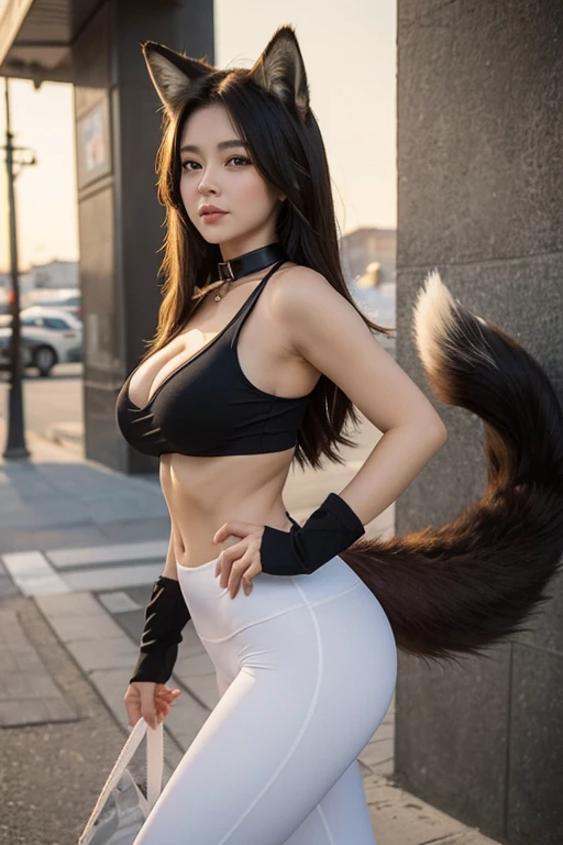 ((highest quality)), ((masterpiece)), (get used to it), perfect face, fox girl, Beautiful woman, public, There is a tail, she has a fluffy tail, she has a fox tail, she shows her tail, crying face, Dog collar, She is wearing leggings, beautiful hips, big breasts , Big tail, tail