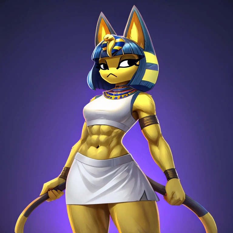 a digital artwork of ankha with abs wearing a crop top of her white sleeveless dress with a white skirt, a bare midriff and a bare navel