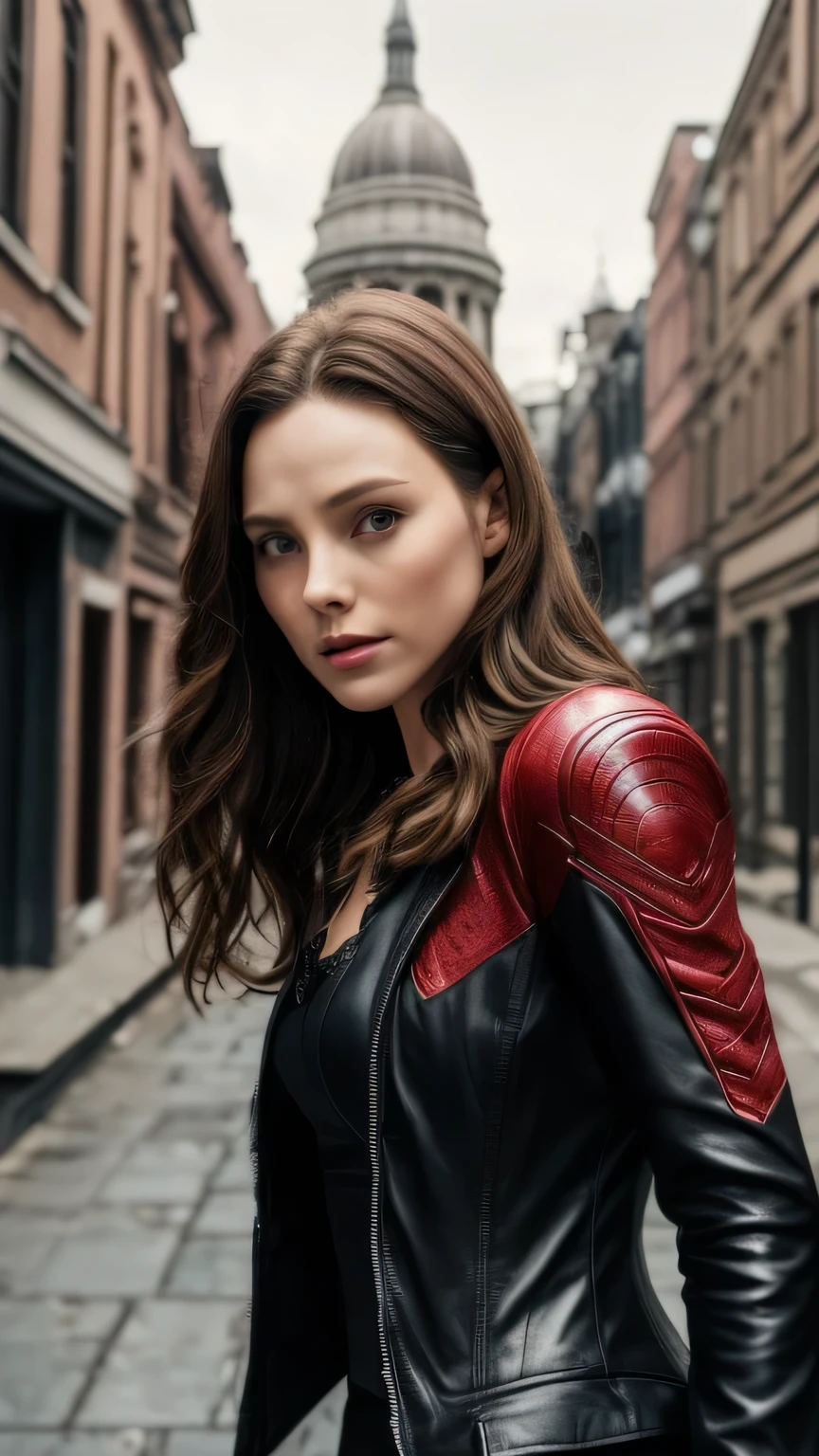 Highly detailed female photos, Lola Elizabeth, Scarlet Witch, the avengers, wearing a black lace dress, open red leather jacket, 8k uh, RAW photo, model photography, masterpiece, 最high quality, high quality, High resolution, (On a deserted city street), (((close up of face)))､