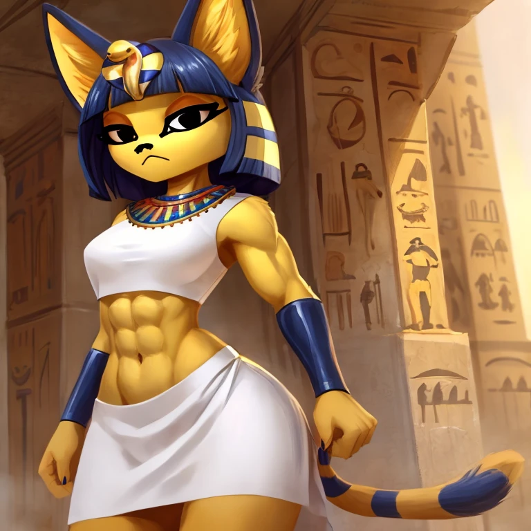 a digital artwork of ankha with abs wearing a crop top of her white sleeveless dress with a white skirt, a bare midriff and a bare navel 