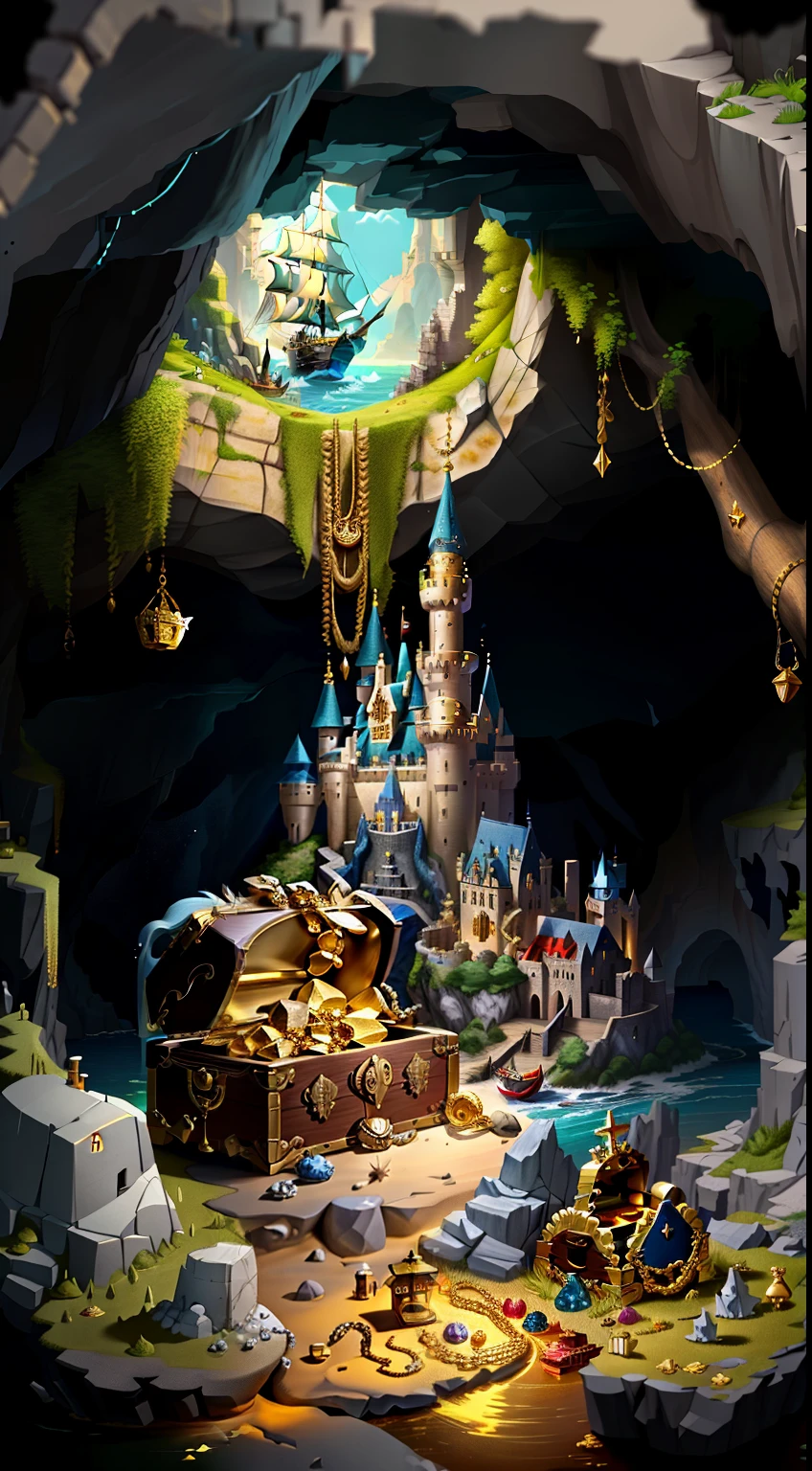 Cave Treasures,Treasure chests filled with gold, silver and jewels,Behind the treasure chest is a castle ,There is a boat sea outside the cave
