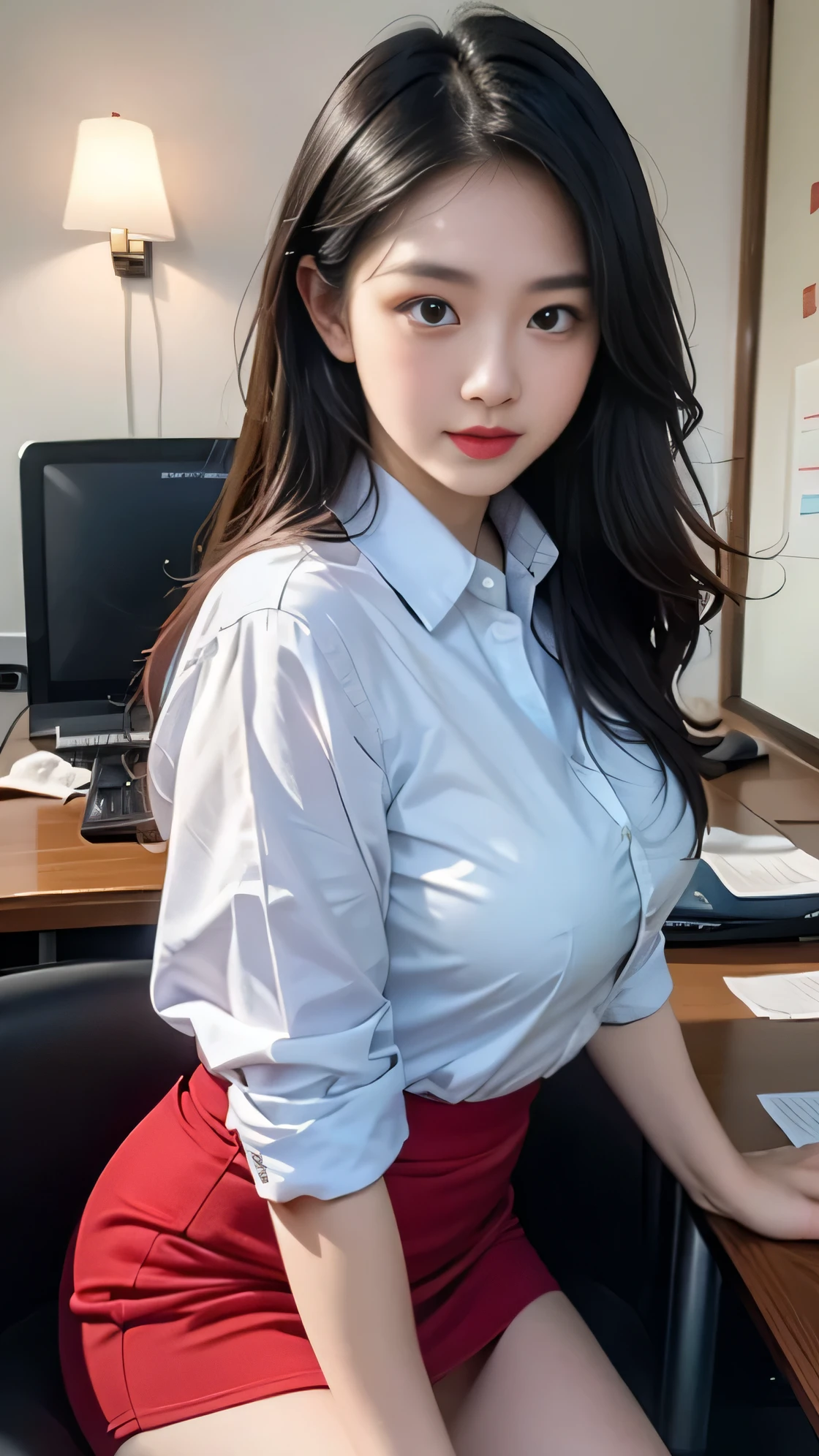 best quality, It's like a whole body,refined face,pretty face,20 year old woman,Slender appearance,big bust,Office Lady Uniform,office uniform,black lace stockings,interior scene, Pink shirt, red skirt, red nail polish