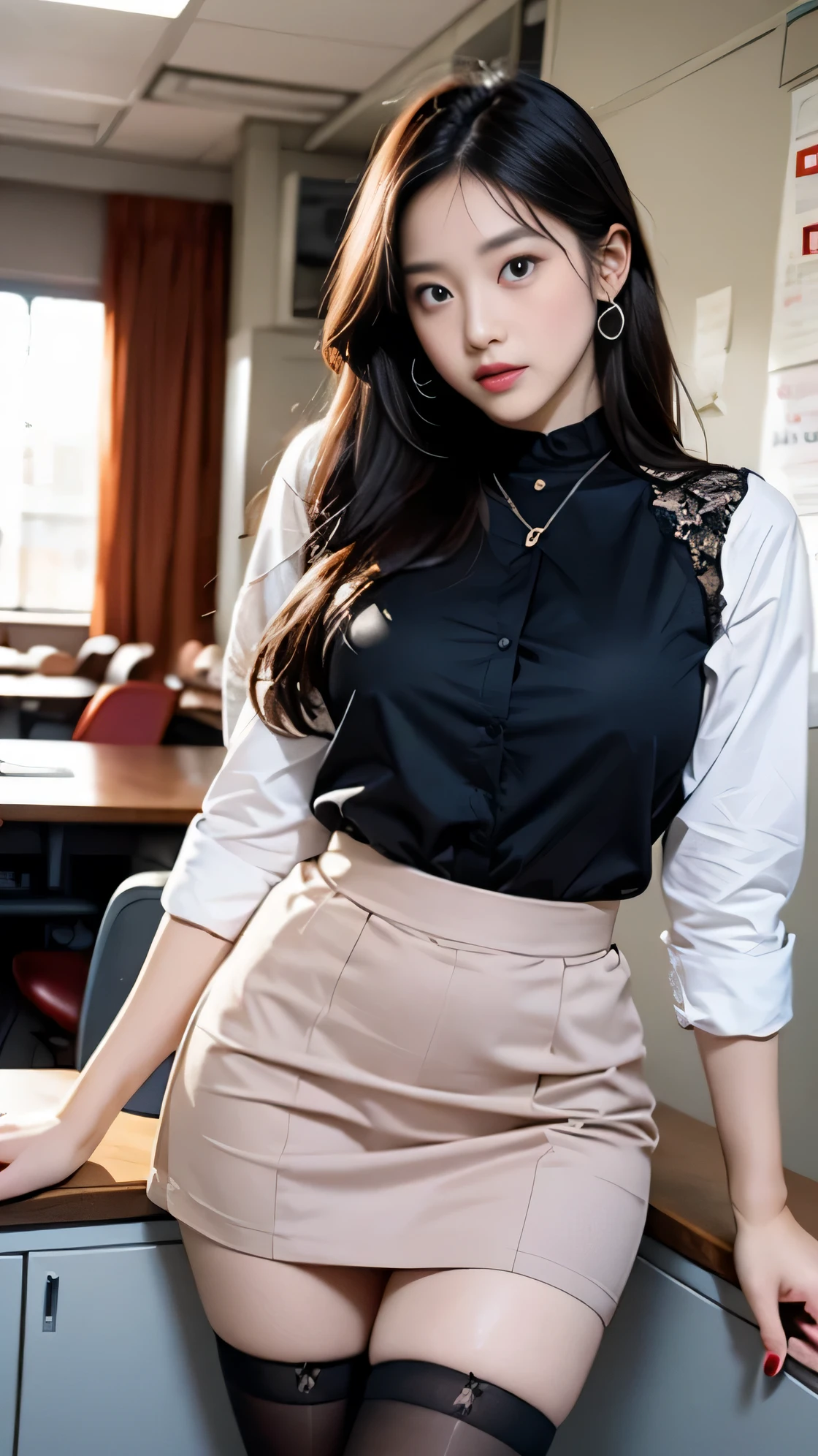 best quality, It's like a whole body,refined face,pretty face,20 year old woman,Slender appearance,big bust,Office Lady Uniform,office uniform,black lace stockings,interior scene, Pink shirt, red skirt, red nail polish