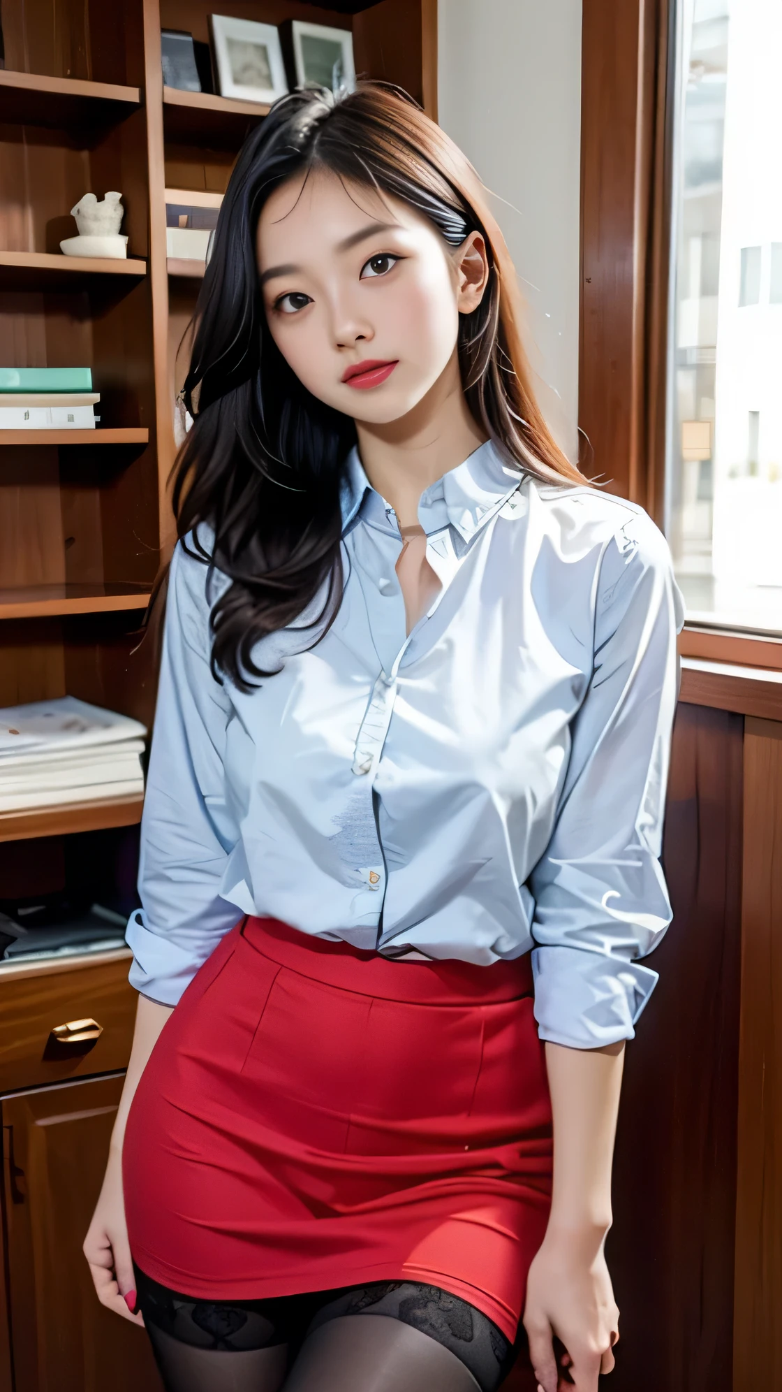 best quality, It&#39;s like a whole body，refined face，pretty face，20 year old woman，Slender appearance，big bust，Office Lady Uniform，office uniform，black lace stockings，interior scene, Pink shirt, red skirt, red nail polish