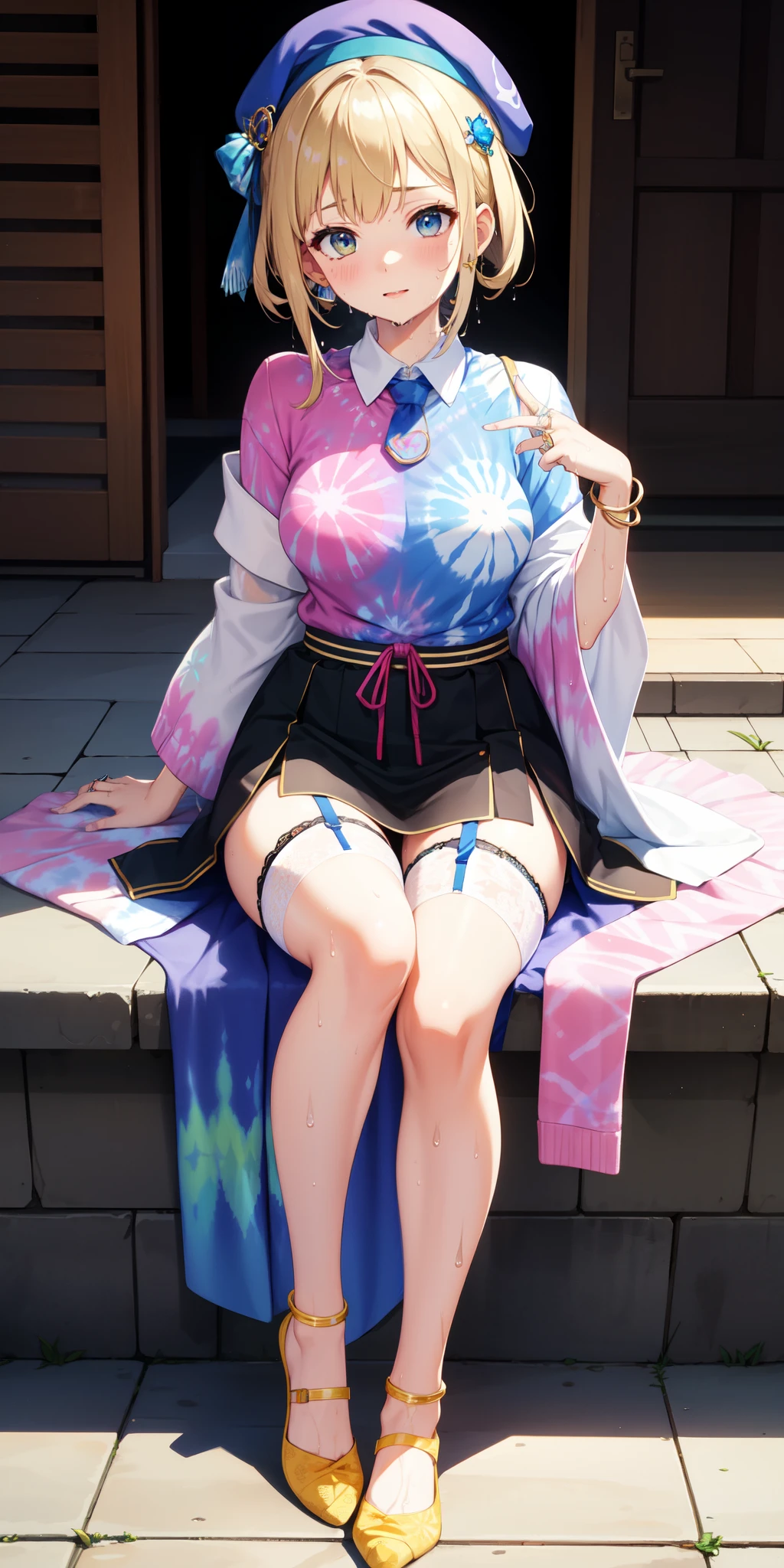 pattern of clothes：Tie-dye	top clothes：Hourgress line dress	lower clothes：garter skirt	Sweat：wet	hand decoration：Finger rings	head decoration：beret	foot decoration：espadrilles	Pause：meditating
