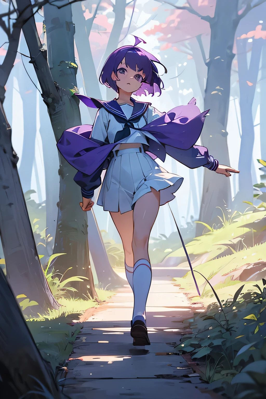 A woman with short purple hair and a sailor suit walks restlessly in the forest