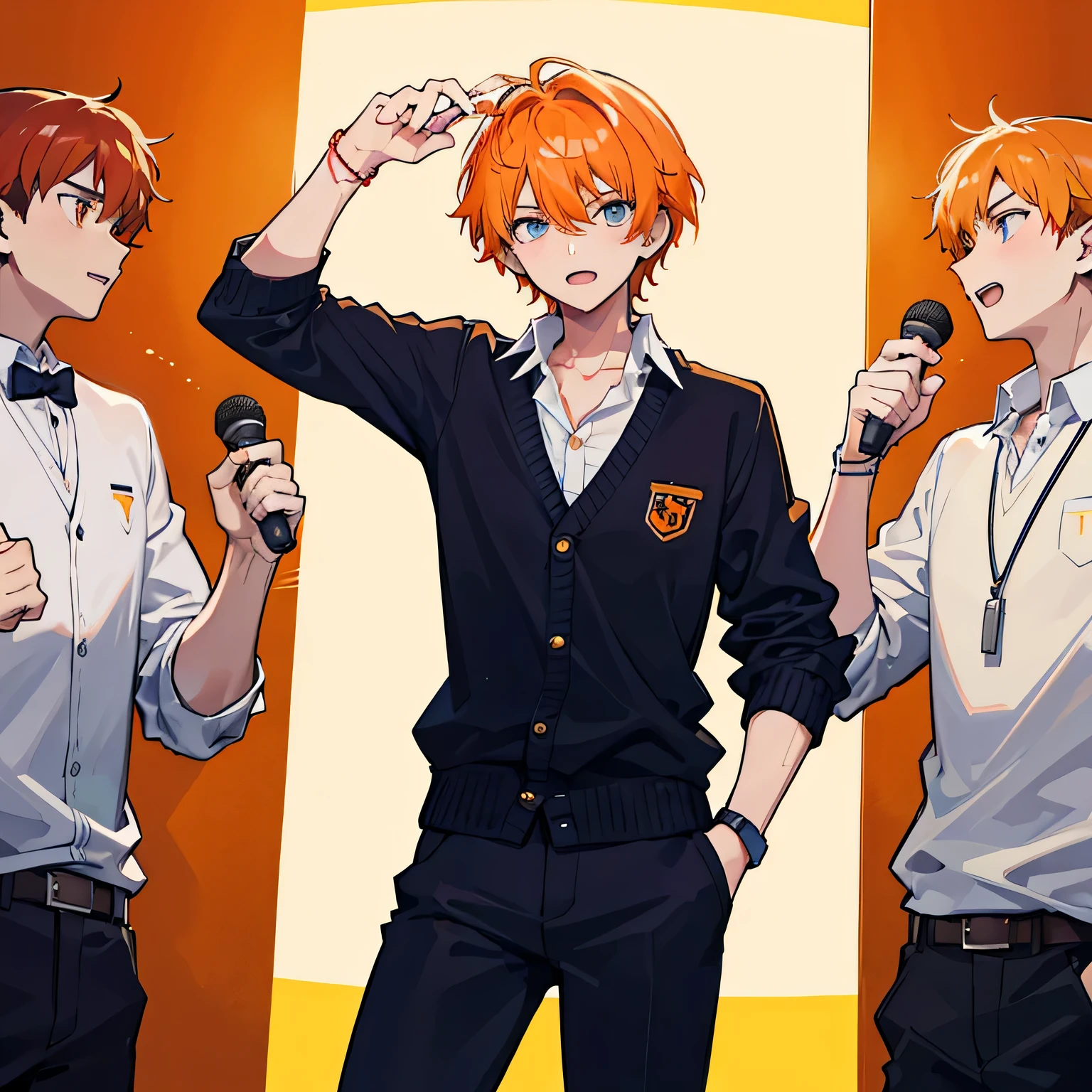A 17-year-old handsome boy with short orange hair and a preppy style gives a motivational speech.