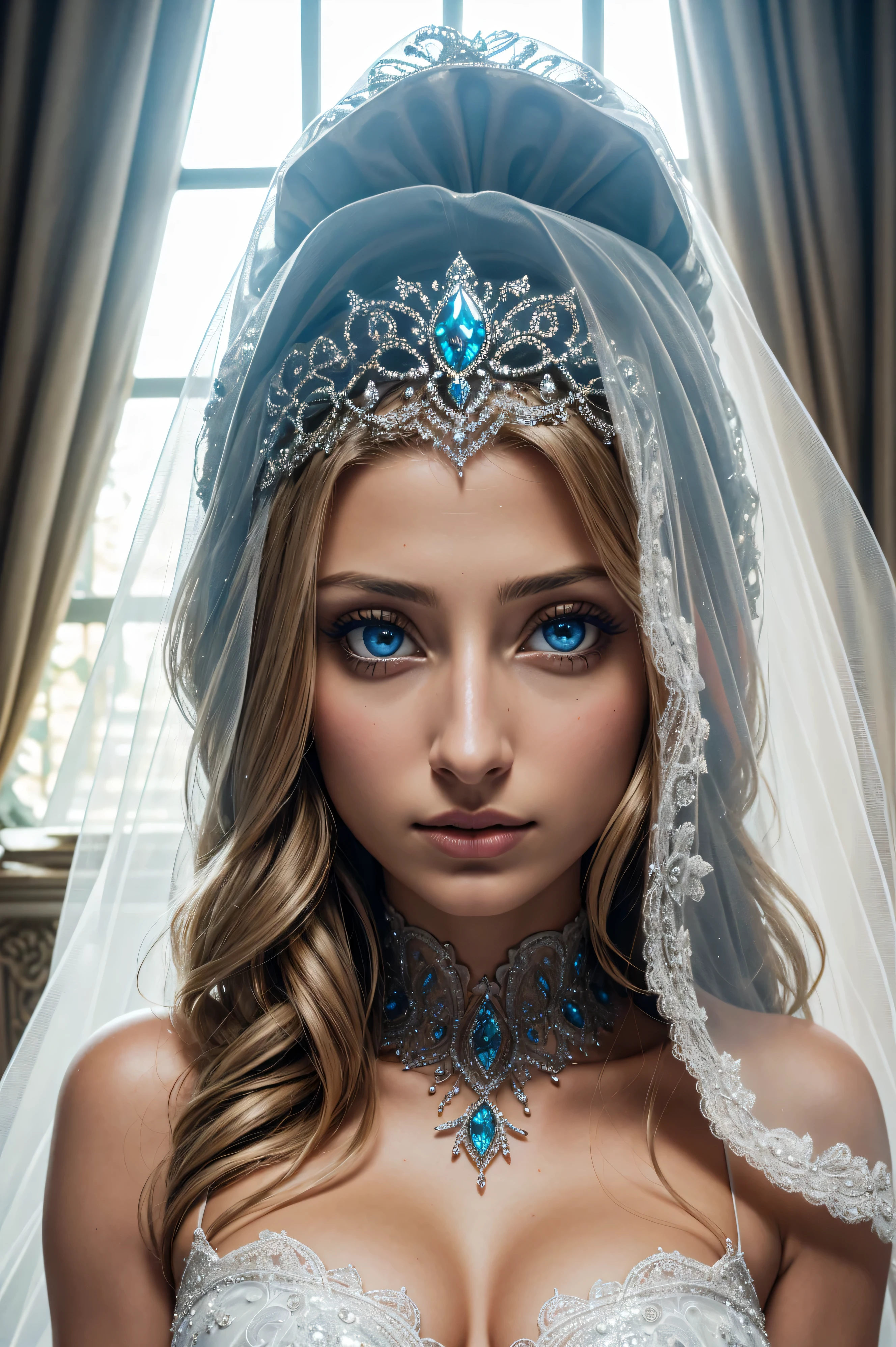 Aly Michalka, wearing veil bride costume transparent. professionally retouched, soft lighting, realistic, smooth face, perfect eyes, sharp focus on eyes, 8 k, high definition, insanely detailed, intricate, elegant. be in front of the Disney castle.
