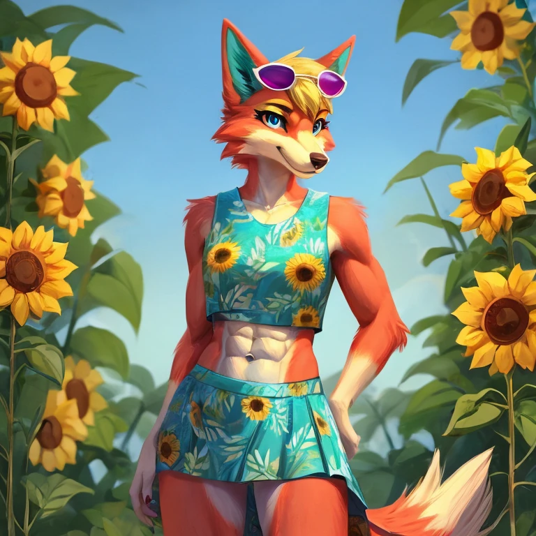 a digital artwork of audie with abs wearing a crop top of her turquoise and sunflower sleeveless dress with a turquoise and sunflower skirt, a bare midriff and a bare navel , she has sunglasses on her forehead 