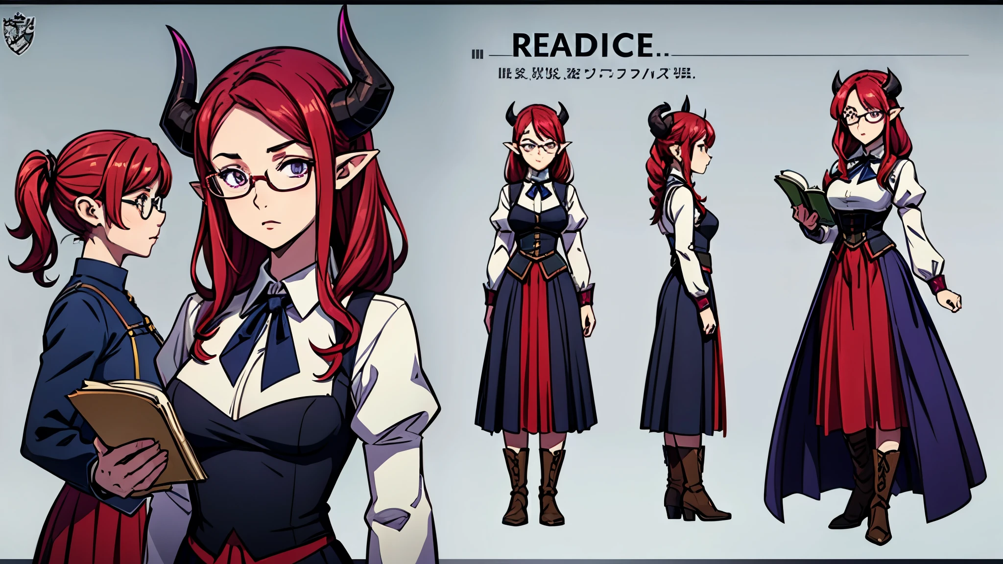 (Masterpiece, best quality), detailed, character sheet, many items (the same person, medieval royal clothes, magic academy uniform, blouse, skirt, glasses, reading glasses, white boots, many parts), athletic, busty, demon, demon girl, detailed beautiful purple eyes, detailed face, pointy ears, red hair and white skin, braided ponytail, demon horns, full of details.