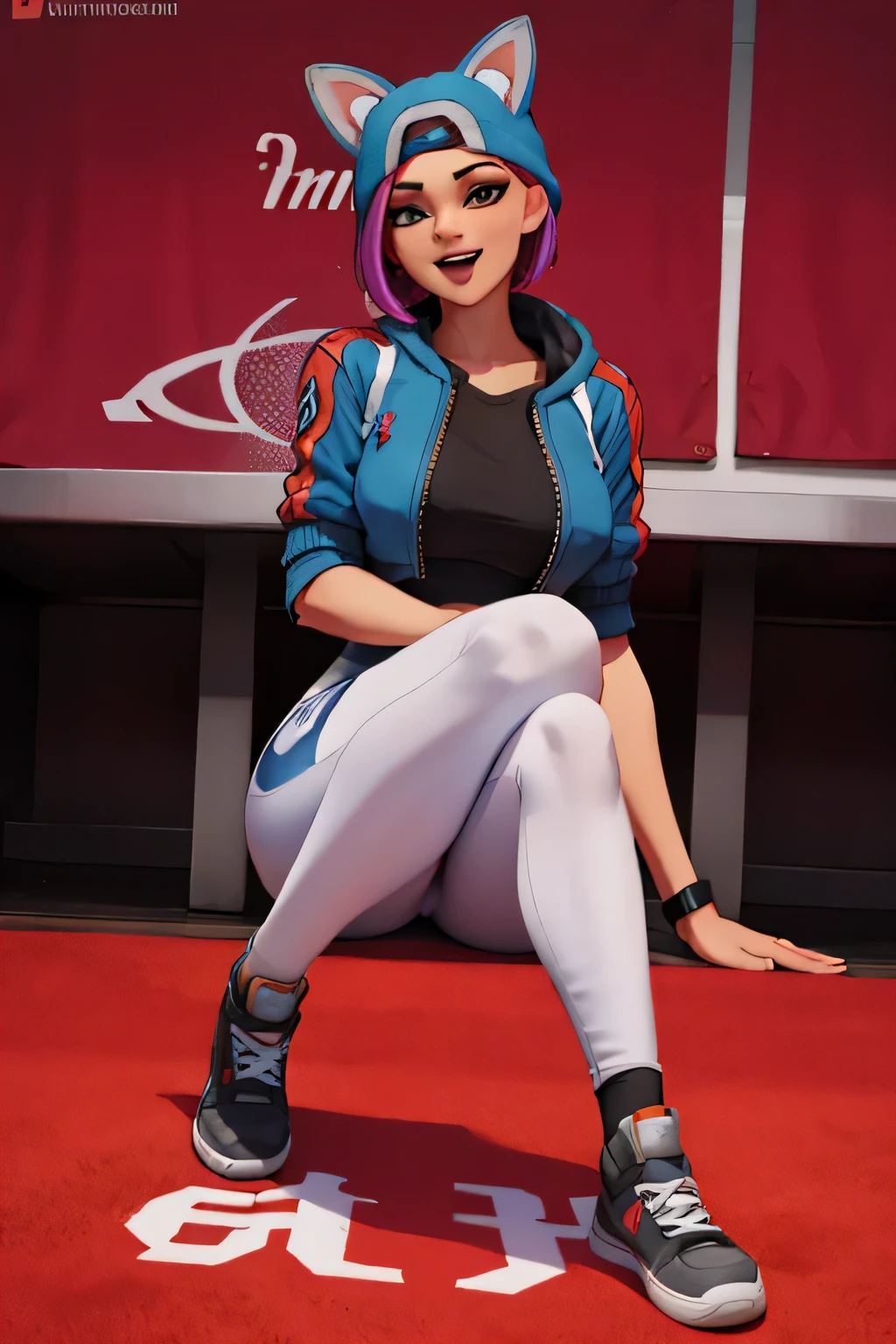 Leggins lince con chaqueta negra con gris, control de videojuegos, piernas cruzadas, tenis converse, sonriendo, guantes sin dedos 