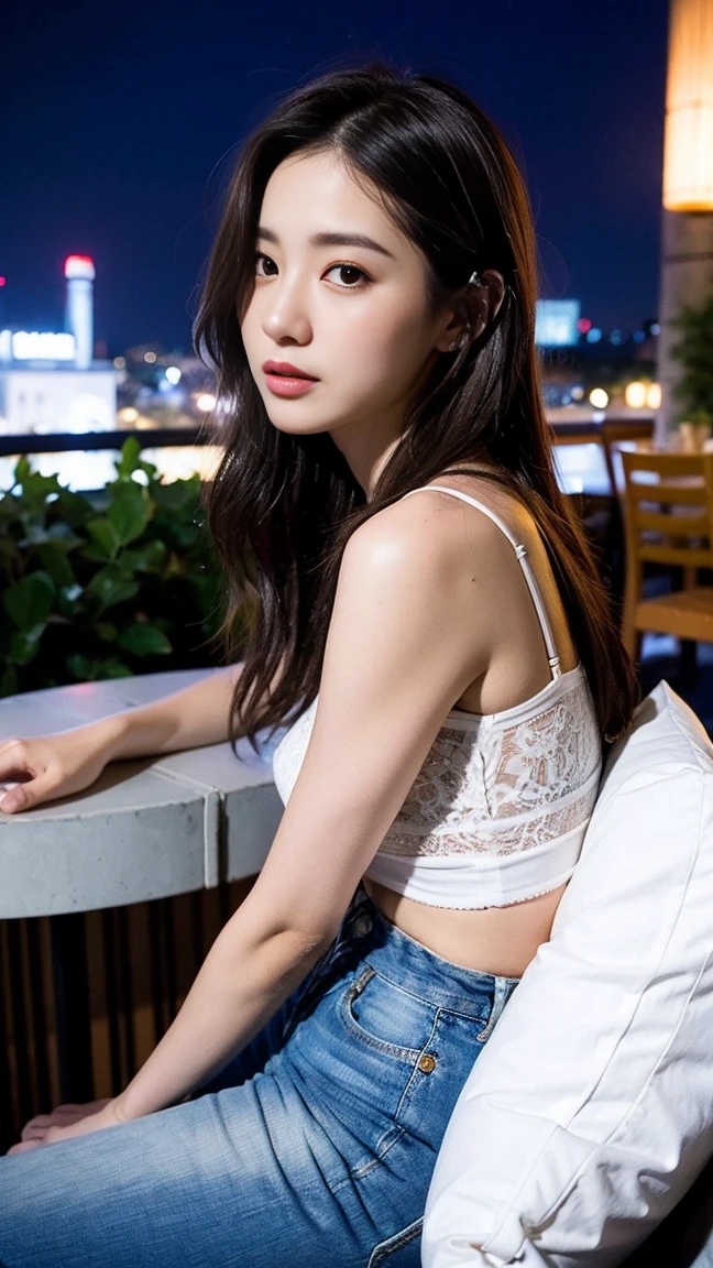 dark brown haIr、LIght brown eyes、Japanese actress face、 lady、looks lIke hIm'I'I'I'I'I'I'I'I'Oppai'I'I am about 40 years old、(IntrIcate-detaIl:1.2)、(top-qualIty:1.4)、 (超A hIgh resolutIon:1.2)、超A hIgh resolutIon、(A detaIled eye)、(detaIled facIal features)、nffsw、8K resolutIon、D-cup sIze breasts、length haIr、I'I'I'I'I'I'I'Oppai'm sIttIng comfortably on a sofa on the quIet terrace of a cafe..、RelaxIng、LeanIng on the backrest、obscene pose、beautiful feet、please bend your legs、Please lift your chin up a little、expression of sadness、A masterpiece of transparent painting、See-through T-shirt、Tube top、denim pants、Drinking cocktails at a terrace bar at night、