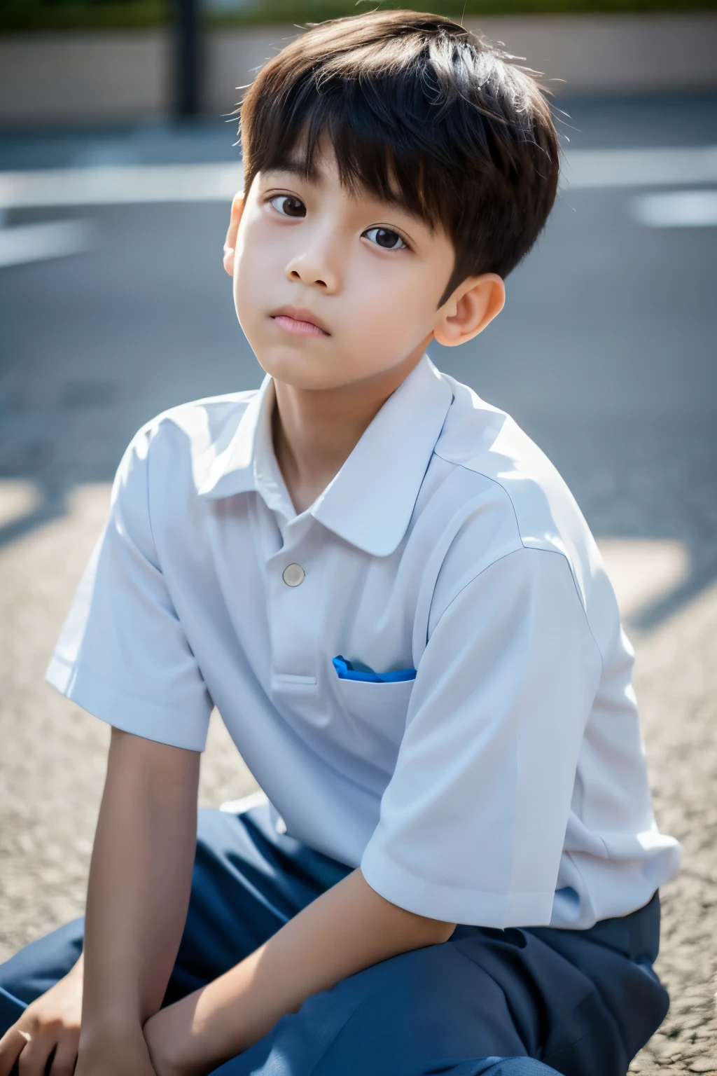 A -quart elementary sdeways at the camera in a real person photographic effect, 4K resolution: 1.1. His face is filled with the innocence and curiosity of childhood. His eyes, bright and full of life, are focused on something beyond the frame. His nose is slightly upturned, and his lips are in a small, thoughtful pout. He wears a simple, well-fitted shirt and trousers, the fabric smooth and detailed. His arms are crossed lightly in front of him, revealing a slight dimple on the side of his chest. His hair is neatly combed, short and straight, framing his round face. His sne