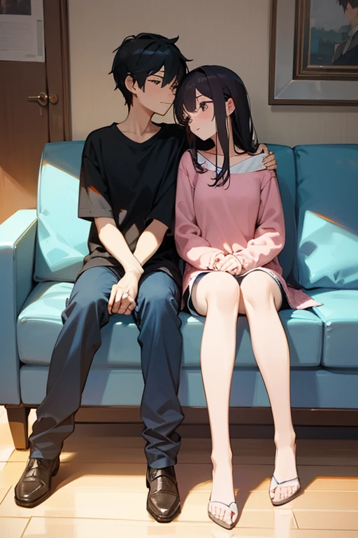 1 man, 1 girl. Man with black hair and black eyes with fair skin. Girl with tan skin and black medium length hair and black eyes. They both sitting in a room full of cats