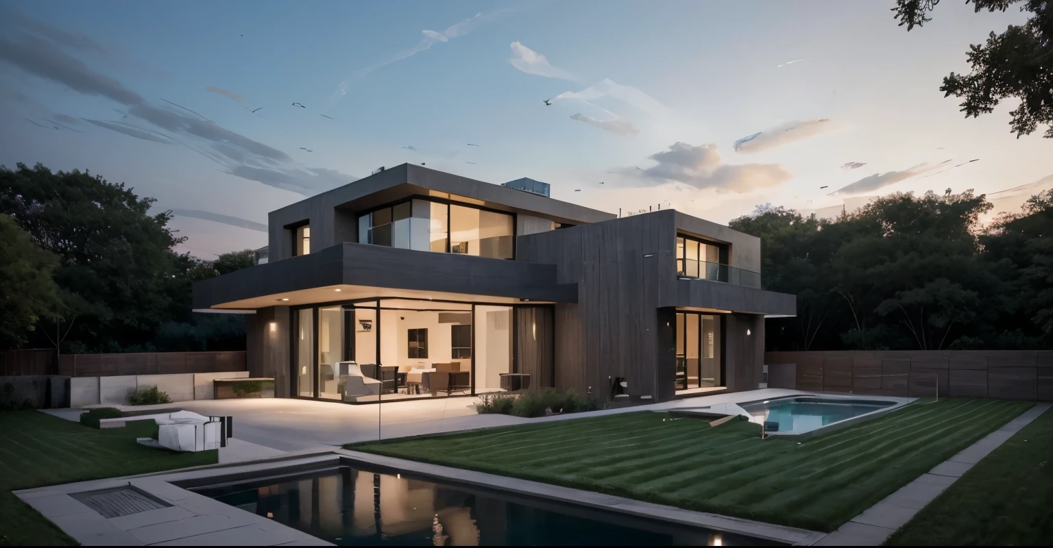 Subject: The subject of the image is a one-story house with a flat roof.
Setting: The setting features a contemporary design with dark gray tones.
Background: The background showcases a house with a unique shape, formed by two rectangles connected at a 90-degree angle.
Style/Coloring: The style emphasizes modern architecture, while the coloring predominantly includes dark gray shades.
Action: The image captures the stillness of the house, highlighting its structural elements.
Items: Key items include the flat roof, the connected rectangles forming the house's shape, and the covered terrace between them.
Costume or Appearance: Since it's an architectural image, there are no specific costumes or appearances involved.
Accessories: The house may include accessories typical of contemporary homes, like windows, doors, and possibly outdoor furniture on the terrace.