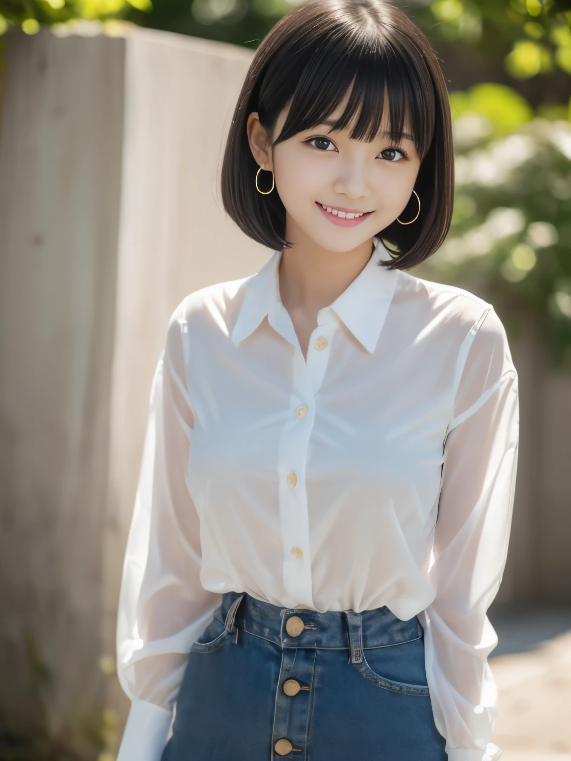 (Masterpiece, Best-quality, RAW-photo, Super-high-quality, Highest-quality, Photorealistic, 8K photo),
(anatomically correct, accurate human body, realistic person)
Thin waist and busty style body, -yeld, Restic Japanese girl, short height, angelic beauty,
(white button down blouse, Nipples are slightly transparent, miniskirts),
(See photographer, look at viewer, smile),
(maiko, angelic beauty, Down-slating eyebrows, Round face, Black hair, Black eyes, Moist eyes, Shining eyes, Short bob cut, Bangs, one little earring, photographer's lover),