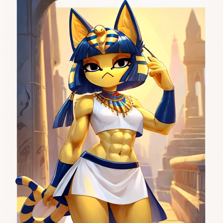 a digital artwork of ankha with abs wearing a crop top of her white sleeveless dress with a white skirt, a bare midriff and a bare navel 