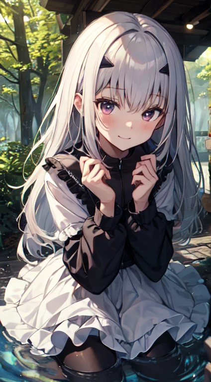 (masterpiece, highest quality:1.4), 8K, official art, Raw photo, disorganized, from below, girl, evil smile, Upper body, sitting, white summer dress, Wet, See-through, stone bridge, Remains, null, forest, stream, detailed shadow, Light leakage, perspective, Depth of the bounds written, sharp focus, High resolution, super detailed, finely, very detailed, (small eyes and face, sharp pupils, realistic student:0.6)、silver hair