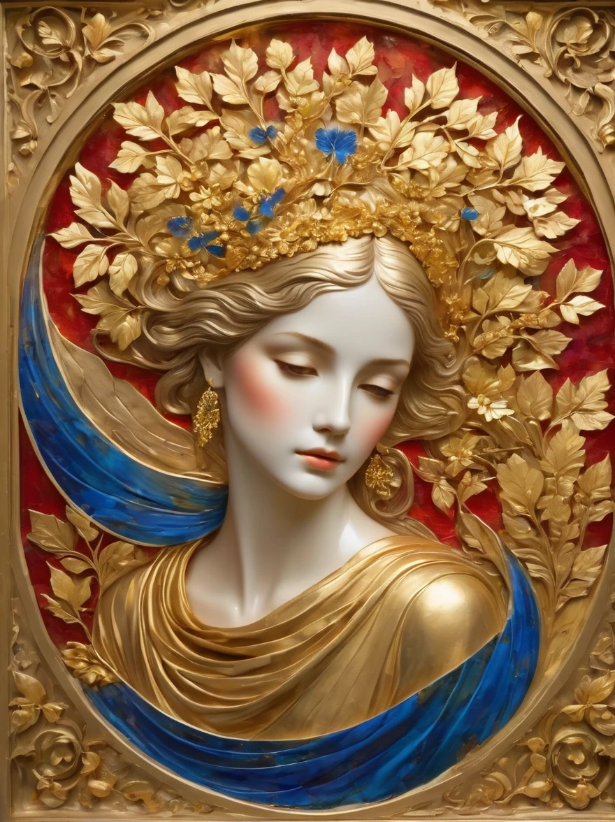 (Gold Leaf Art:1.6), Intricately designed gold leaf art glass windows，Full of red，blue，and golden hues，Gold leaf art brings religious imagery to life，The windows are bathed in soft golden sunlight，Create an ethereal atmosphere around，The presence of figures and the delicate brushwork further enhance the beauty of the composition.