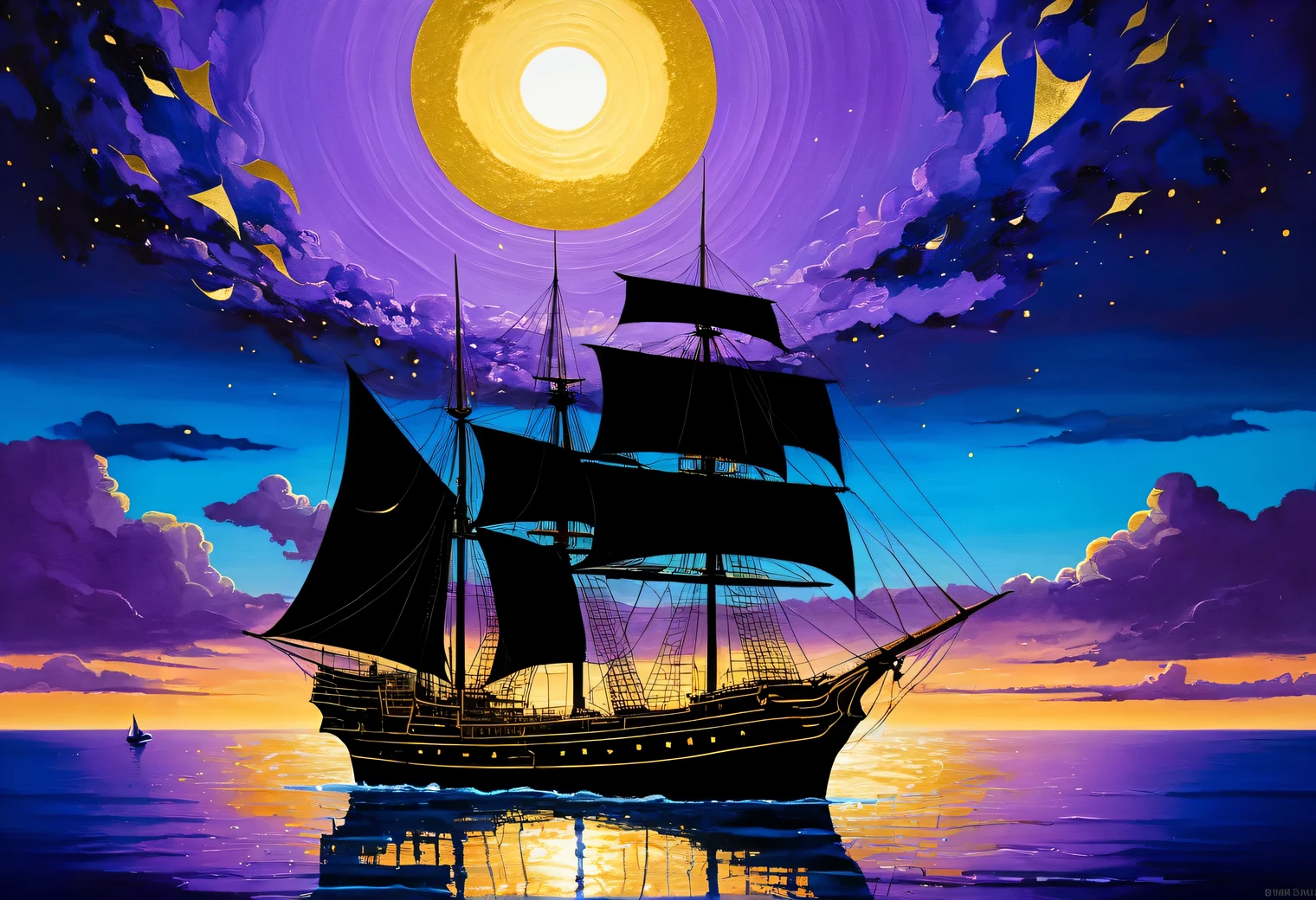 Seascape, combination of black and gold leaf, purple blue background, painting on a blue background, Golden sun in a light blue sky, ship with golden sails on a blue sea, high resolution, surrealismLandscapes of night megalopolises, a combination of black and gold leaf, purple background, painting on a purple background, golden lights of the night megalopolis, high definition, surrealism
