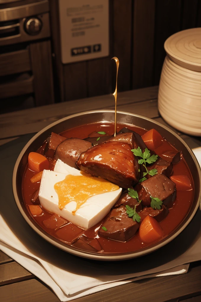  stew dish, plato de estofado, low camera angle, dibujo cartoon, no deforme, con carne y perejil, dungeons and dragons dish, plato de acampada, cozy style, anime style