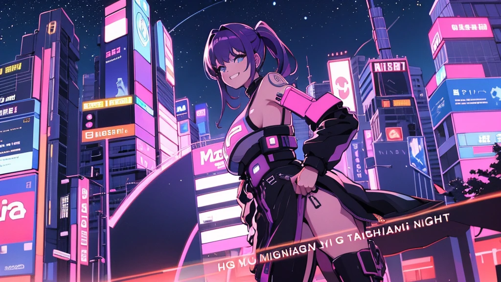 Best quality, (masterpiece:1.2), 1girl, night city wear, massive breast, perfect body, standing, smile, grinning expression, landscape is cyber punk city , at night , purplre hair