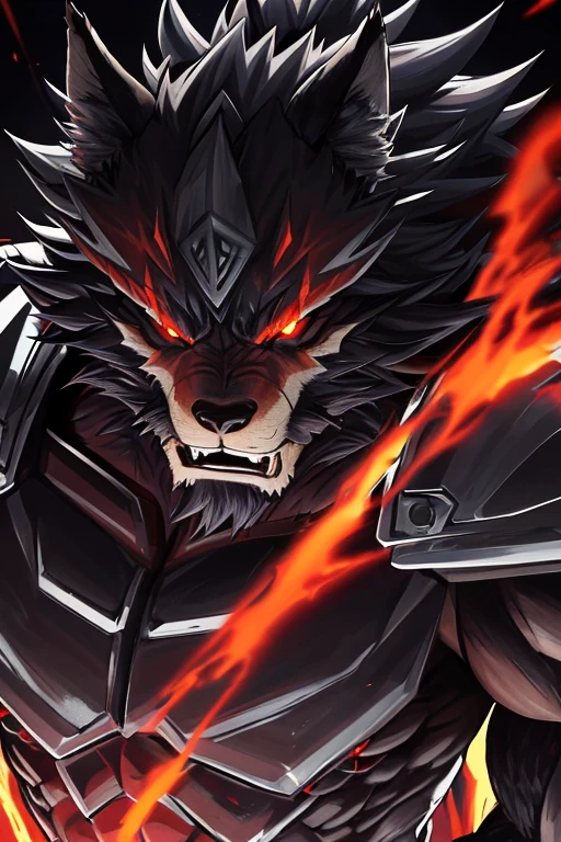 Close-up of a manly monster, a muscular Wolf Man with fiery red eyes, Angry high moral sexy wolfman, in the depths of twilight. His powerful frame is adorned with fur, shifting between human and werewolf form. Muscular veins bulge beneath his black, form-fitting bodysuit, completing the cyber punk look. The manly monster's eyes gleam with an intense, primal energy. His appearance is that of a fierce and tough guy, a minotaur wolf with a rugged demeanor.