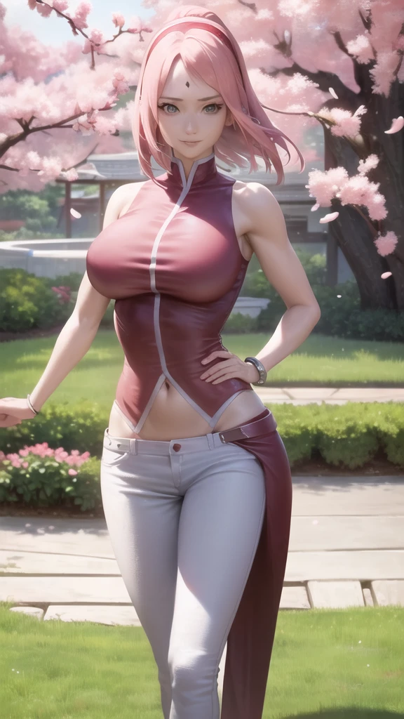 Realistic, Photorealistic,cowboy shot,masterpiece, absurdres ,1girl, haruno sakura, forehead mark, red hairband, red sleeveless dress, white pants, navel, groin, bracelet, looking at viewer, smile, cherry blossoms, private garden, wind, floating hair, large breast ,(((wide hips))), toned body, detailed eyes,