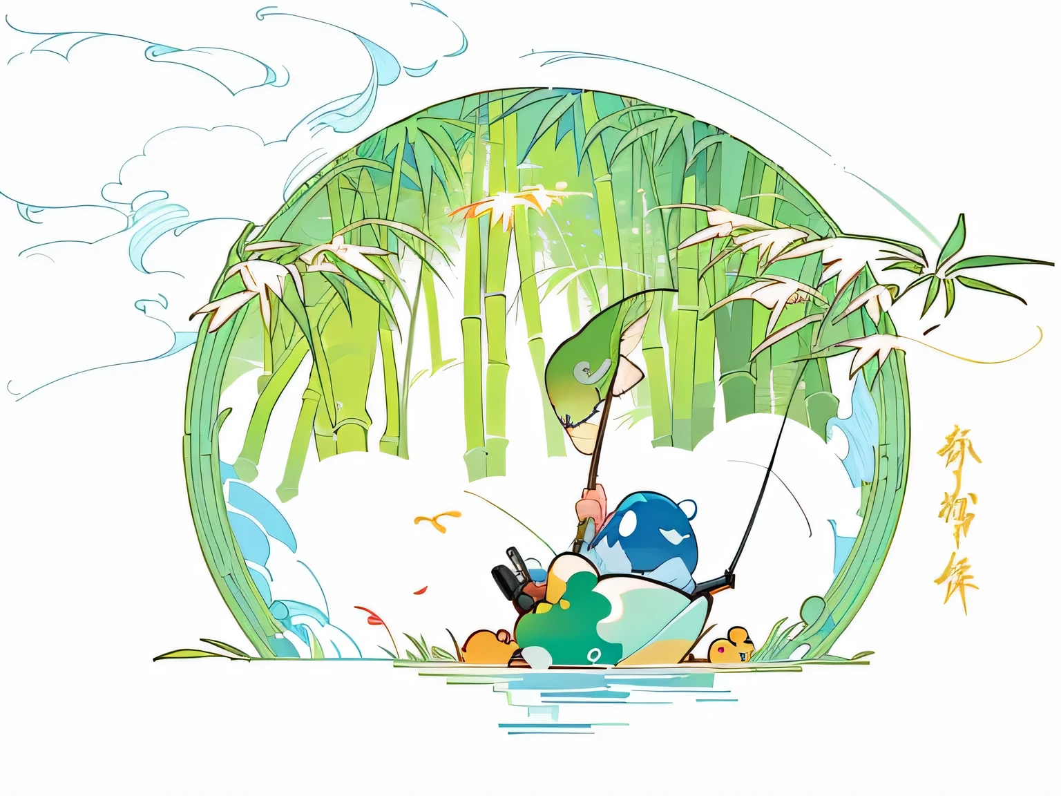 There is a cartoon，The picture shows a sunny doll fishing in a pond, In a bamboo forest,Sunny Doll has a fishing rod, 2d illustration, 2D 插圖, cyber space forest scene, river flowing beside, digital 2d illustration, Illustrated in a whimsical style, Inspired by Taketoshi Matsumura, Ghibli style
