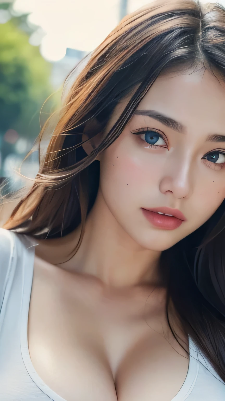 realistic, High resolution, [[[ Only one girl ]]] Close-up、cleavageをClose-up、Only from the chest up、Bust-up photoshoot、A close-up photo of cleavage、、wavy brown hair,  blue eyes, small mole under the eye, Tight black t-shirt,wet body、 upper limbs,big breasts、breasts pointing upward、cleavage、8K,very detailed, High resolution,towards the camera ( 1 single woman)((highest quality、8K、masterpiece：1.3))、sharp focus：1.2、partial photo、(natural soft light、city street:1.1)、