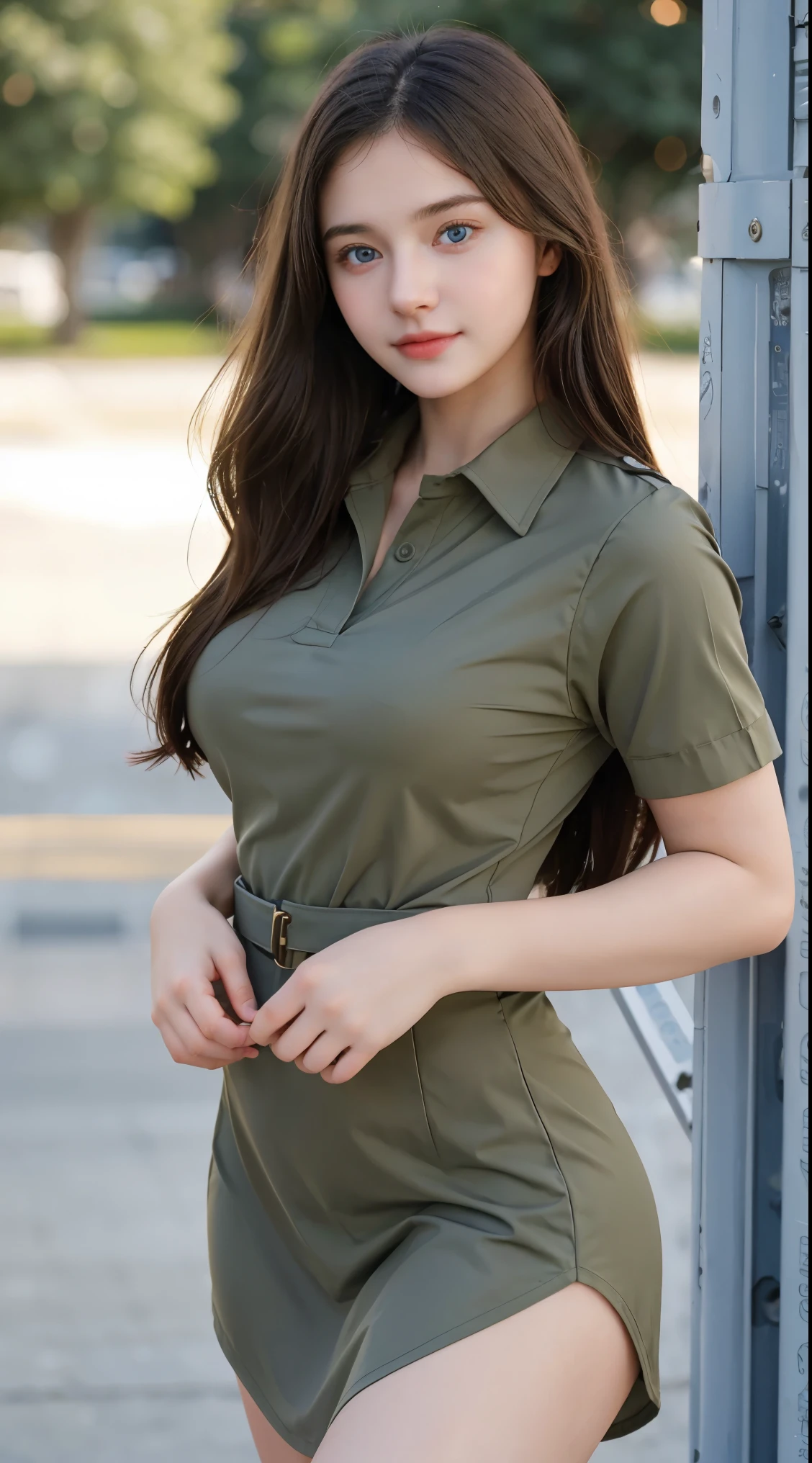 Gorgeus Girl, Beautiful, , 20 Years Old, White Skin, Sexy Pose, Blue Eye, Bokeh, miltary base Background, Masterpiece, Fullbody Shot, proudly stands in a military uniform, representing her role as a soldier. She wears a fitted olive green dress