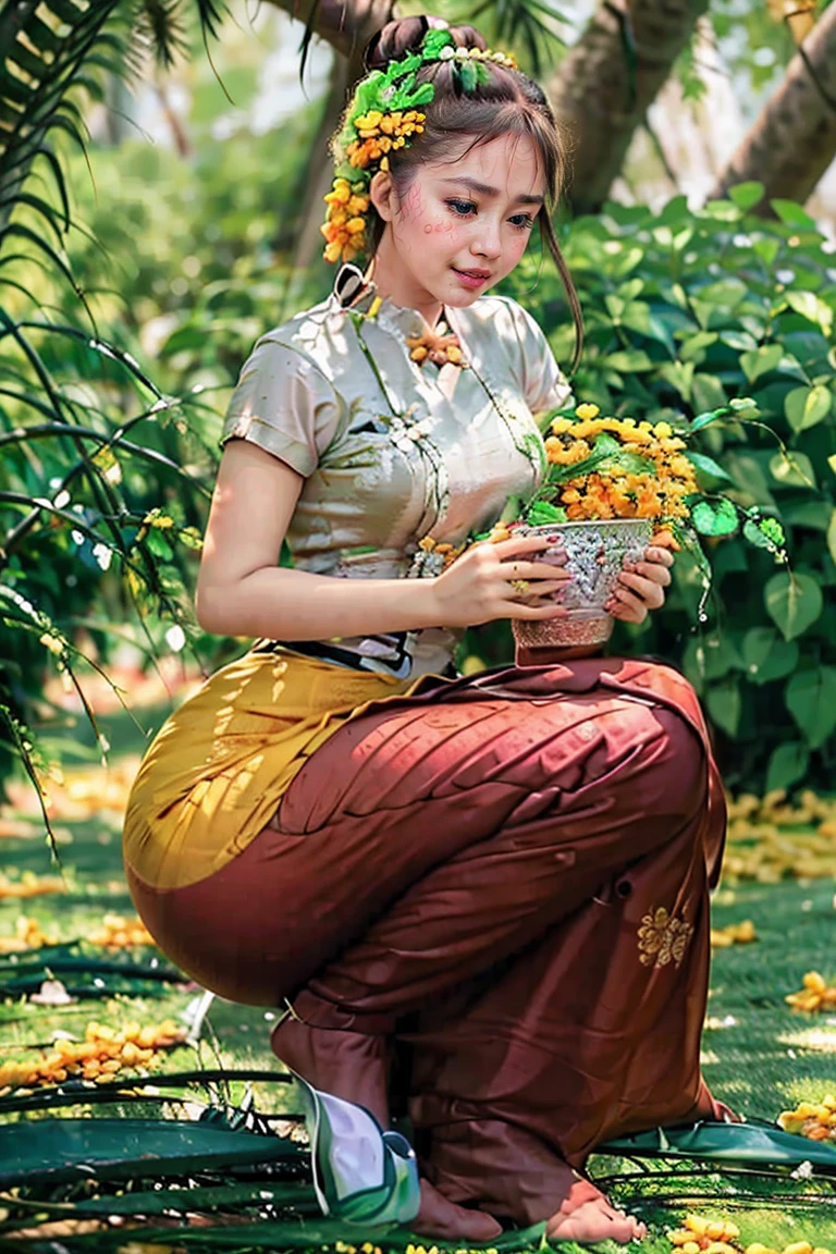 Burma's long-lasting body is full of sensuality, and the beauty of the body outline is too revealing. The long skirt she wears highlights her high hips. The beauty under the dress is so beautiful that the eye can see. She wears bright yellow flowers, smiles and water.