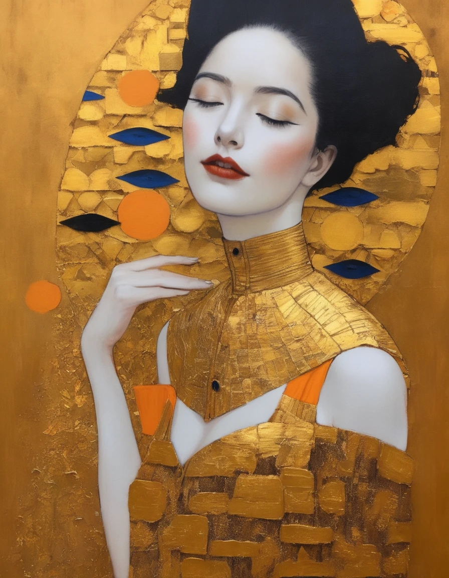 (Gold Leaf Art:1.6), ASCII art style, portrait, best quality, High resolution, Ultra-fine, (realism: 1.37), Character concept design, Hev Kahraman Style, Chinese Girl portrait, portrait of a Girl, The eye details are exquisite, Beautiful and delicate lips, Detailed face, long eyelashes, Fashionable urban clothing, Intermission, blue and orange, sharp focus, studio lighting，Stanley Donwood Style, Features, Ink Art, side view
