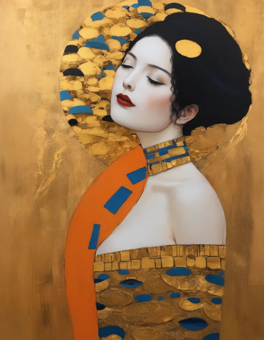 (Gold Leaf Art:1.6), ASCII art style, portrait, best quality, High resolution, Ultra-fine, (realism: 1.37), Character concept design, Hev Kahraman Style, Chinese Girl portrait, portrait of a Girl, The eye details are exquisite, Beautiful and delicate lips, Detailed face, long eyelashes, Fashionable urban clothing, Intermission, blue and orange, sharp focus, studio lighting,Stanley Donwood Style, Features, Ink Art, side view
