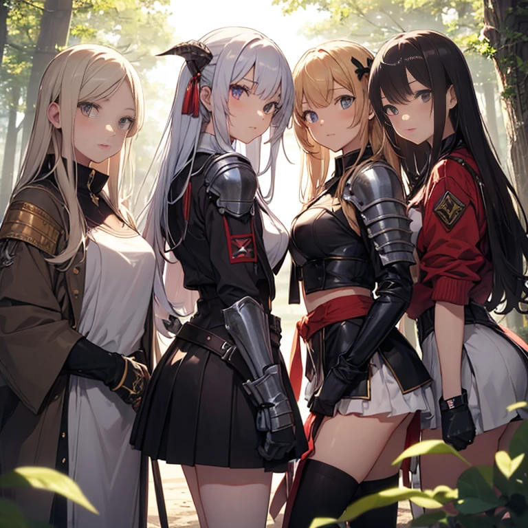 A group of female knights, (in forest), various hair styles, harem, wearing armored clothes, metal armor, night, details face, short skirt, seducing, sword,
