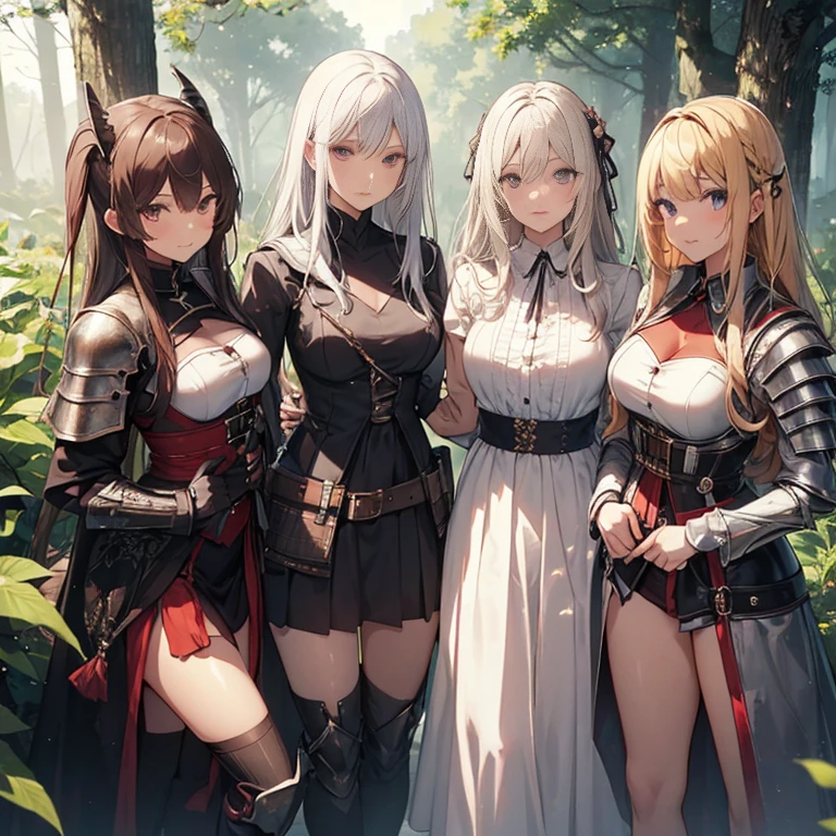 A group of female knights, (in forest), various hair styles, harem, wearing armored clothes, metal armor, night, details face, short skirt, seducing, sword,