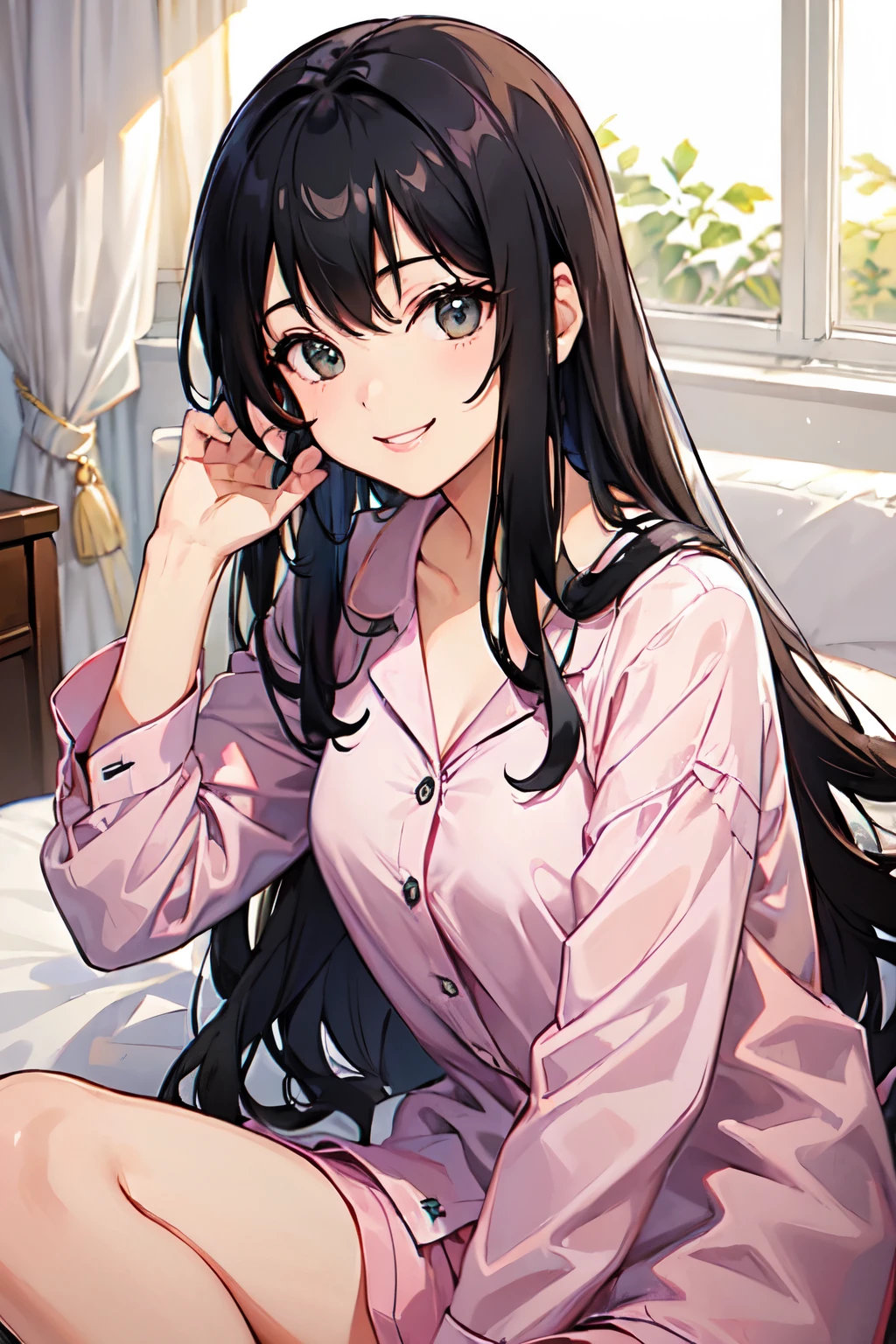 (((long shot))),(((sweet smile))),,,,Black hair,pajamas
