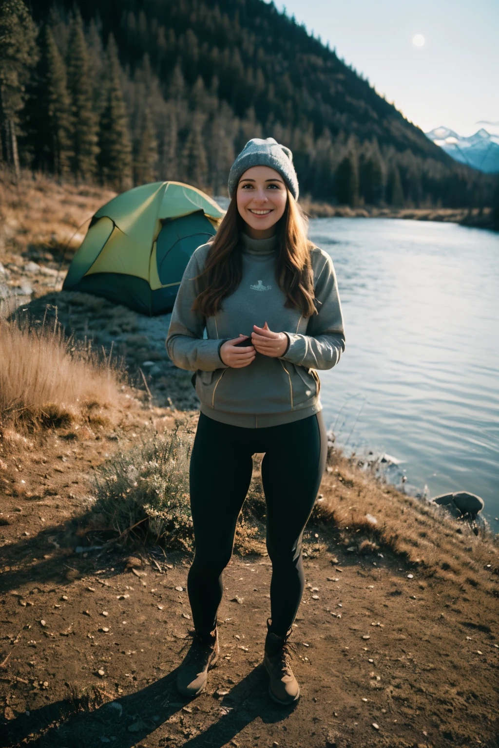 1 woman((full body shot, happy)), masterpiece, best quality, ultra-detailed, solo, outdoors, (night), mountains, nature, (stars, moon) cheerful, happy, backpack, sleeping bag, camping stove, water bottle, tight black yoga pants, mountain boots, gloves, sweater, hat, flashlight, forest, rocks, river, wood, smoke, shadows, contrast, clear sky,
analog style (look at viewer:1.2) (skin texture)
(film grain:1.3), (warm hue, warm tone)