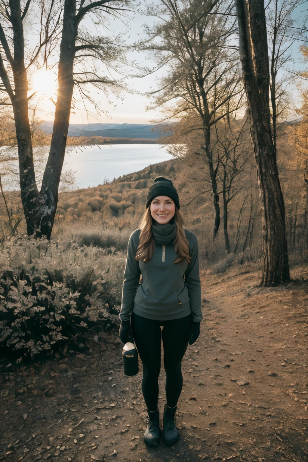 1 woman((full body shot, happy)), masterpiece, best quality, ultra-detailed, solo, outdoors, (night), mountains, nature, (stars, moon) cheerful, happy, backpack, sleeping bag, camping stove, water bottle, tight black yoga pants, mountain boots, gloves, sweater, hat, flashlight, forest, rocks, river, wood, smoke, shadows, contrast, clear sky,
analog style (look at viewer:1.2) (skin texture)
(film grain:1.3), (warm hue, warm tone)
