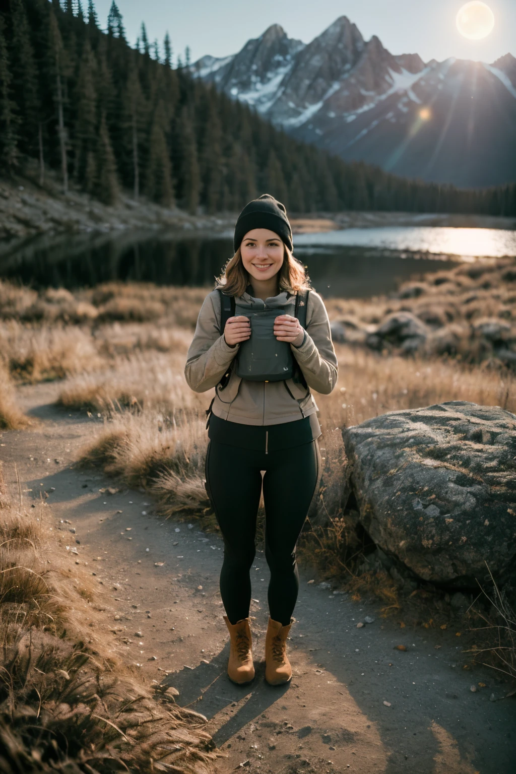 1 woman((full body shot, happy)), masterpiece, best quality, ultra-detailed,  solo, outdoors, (night), mountains, nature, (stars, moon)   cheerful, happy, backpack, sleeping bag, camping stove, water bottle, tight black yoga pants, mountain boots, gloves, sweater, hat, flashlight, forest, rocks, river, wood, smoke, shadows, contrast, clear sky,
analog style (look at viewer:1.2)  (skin texture)
(film grain:1.3), (warm hue, warm tone)