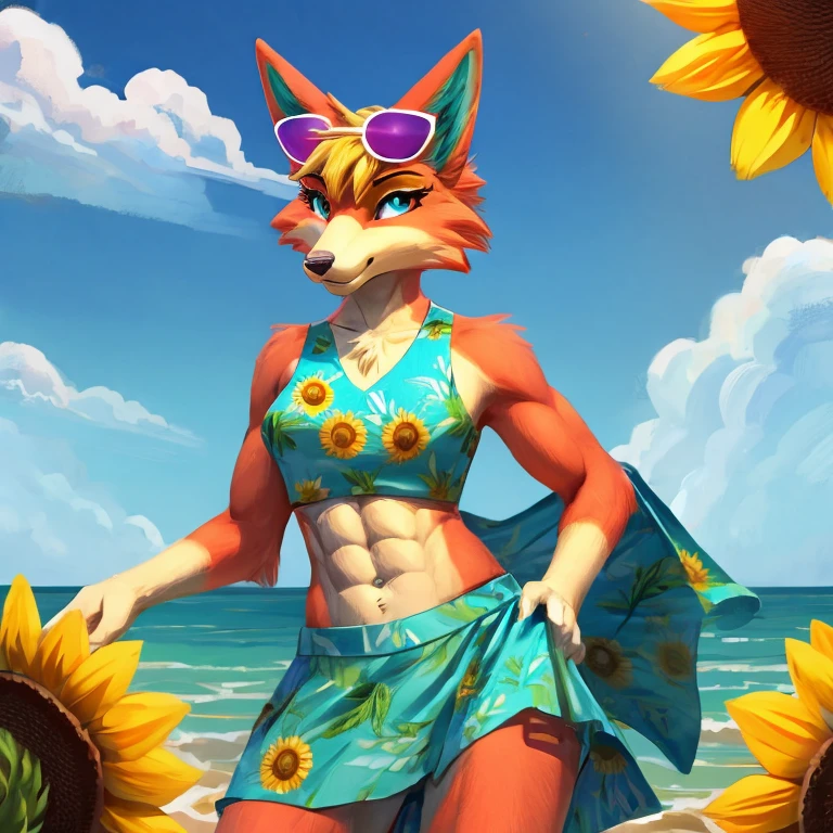 a digital artwork of audie with abs wearing a crop top of her turquoise and sunflower sleeveless dress with a turquoise and sunflower skirt, a bare midriff and a bare navel , she has sunglasses on her forehead